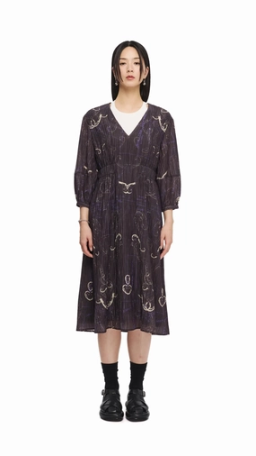 Soft Volume Pure Vibes French Curve Ruler Print Puff-Sleeves Dress