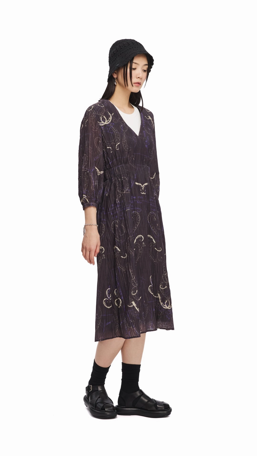 French Curve Ruler Print Puff-Sleeves Dress Comfort and style