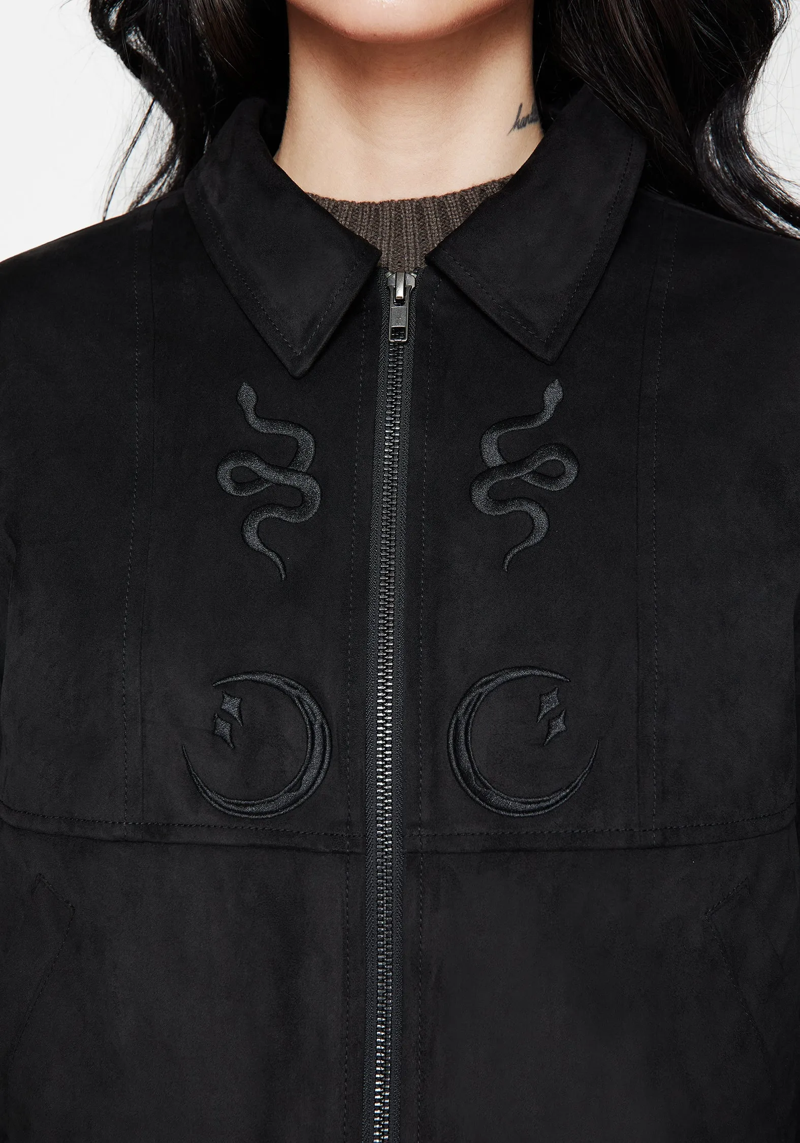 Velcro Fasten Adjustable Detachable Hood Rite Celestial Embroidered Suedette Jacket