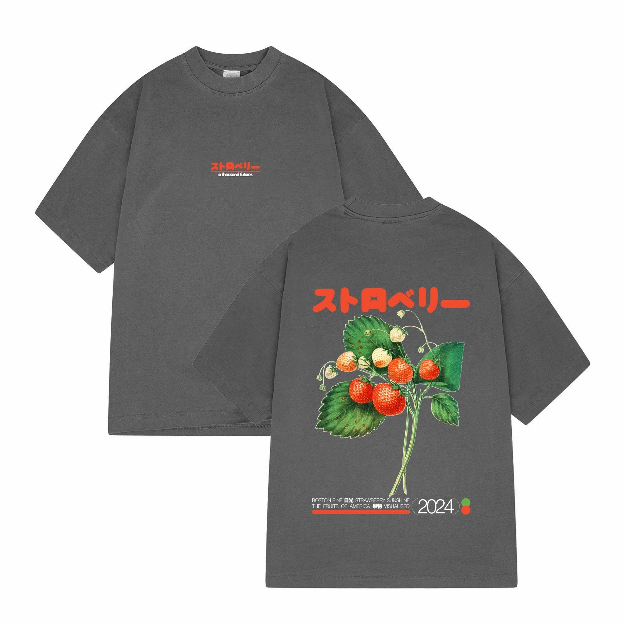 A Thousand Futures x GK 'Strawberry' Vintage Washed Tee - Charcoal crew neck