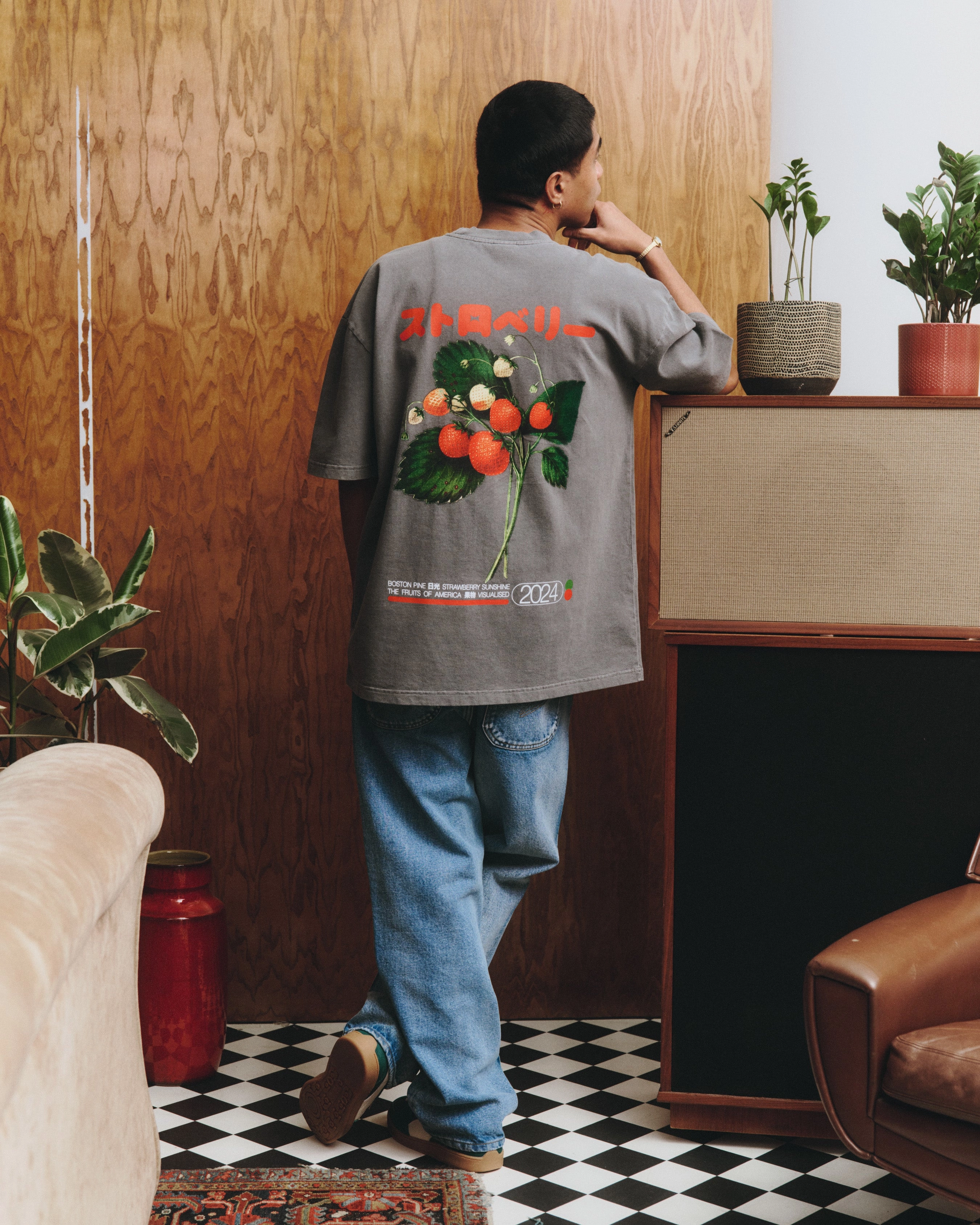 A Thousand Futures x GK 'Strawberry' Vintage Washed Tee - Charcoal Oversized Silhouette