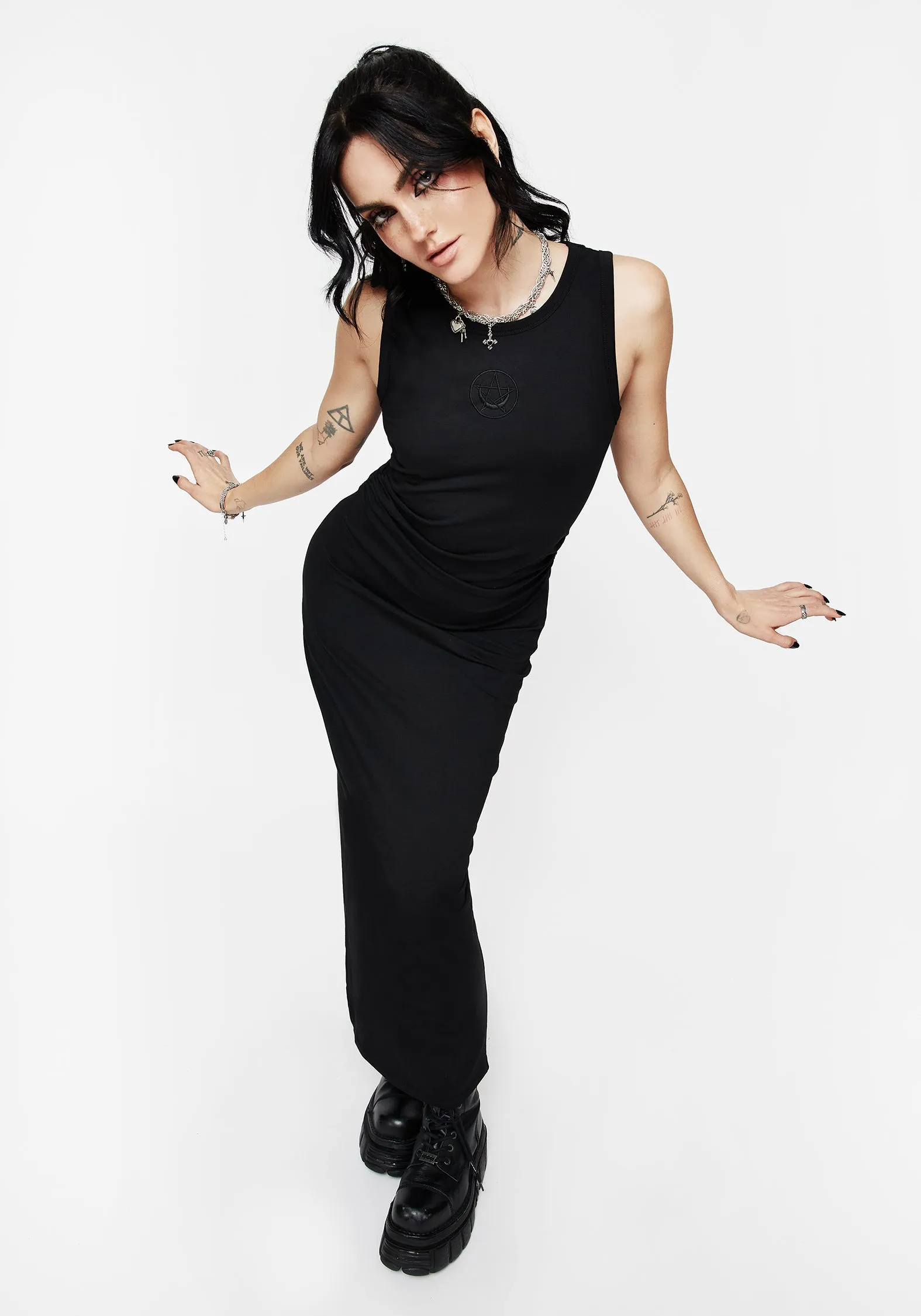 perfect for events Fright Cotton Pentagram Embroidered Maxi Dress
