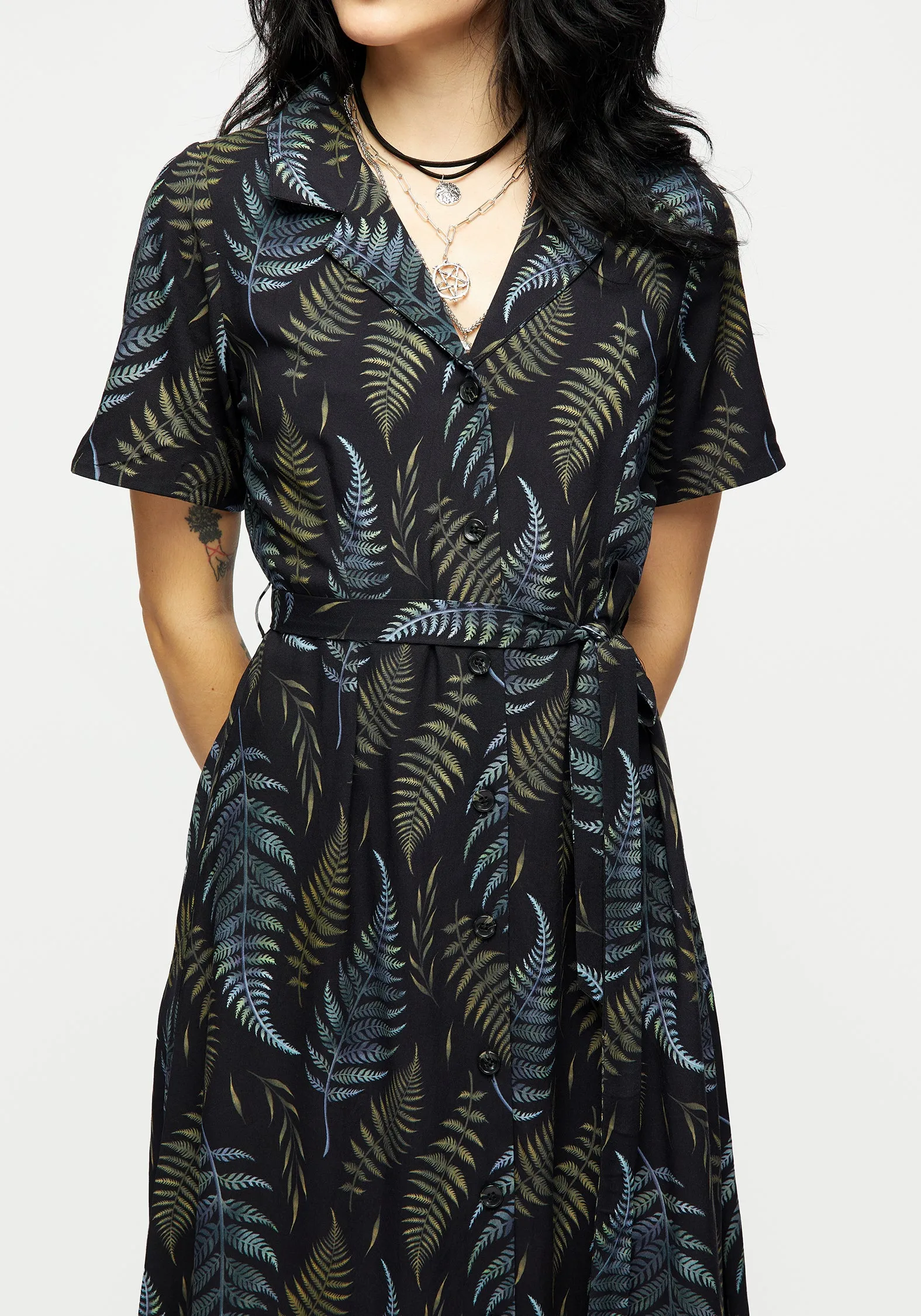Frond Print Button Up Midi Shirt Dress Light Fabric