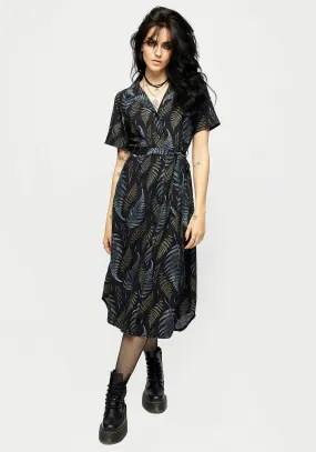 Frond Print Button Up Midi Shirt Dress Bold Statement