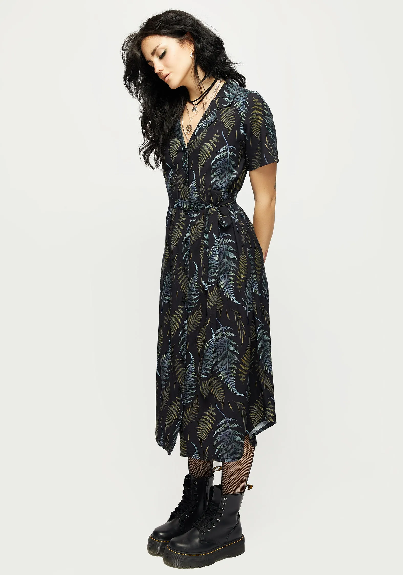 Frond Print Button Up Midi Shirt Dress Wrinkle-Resistant