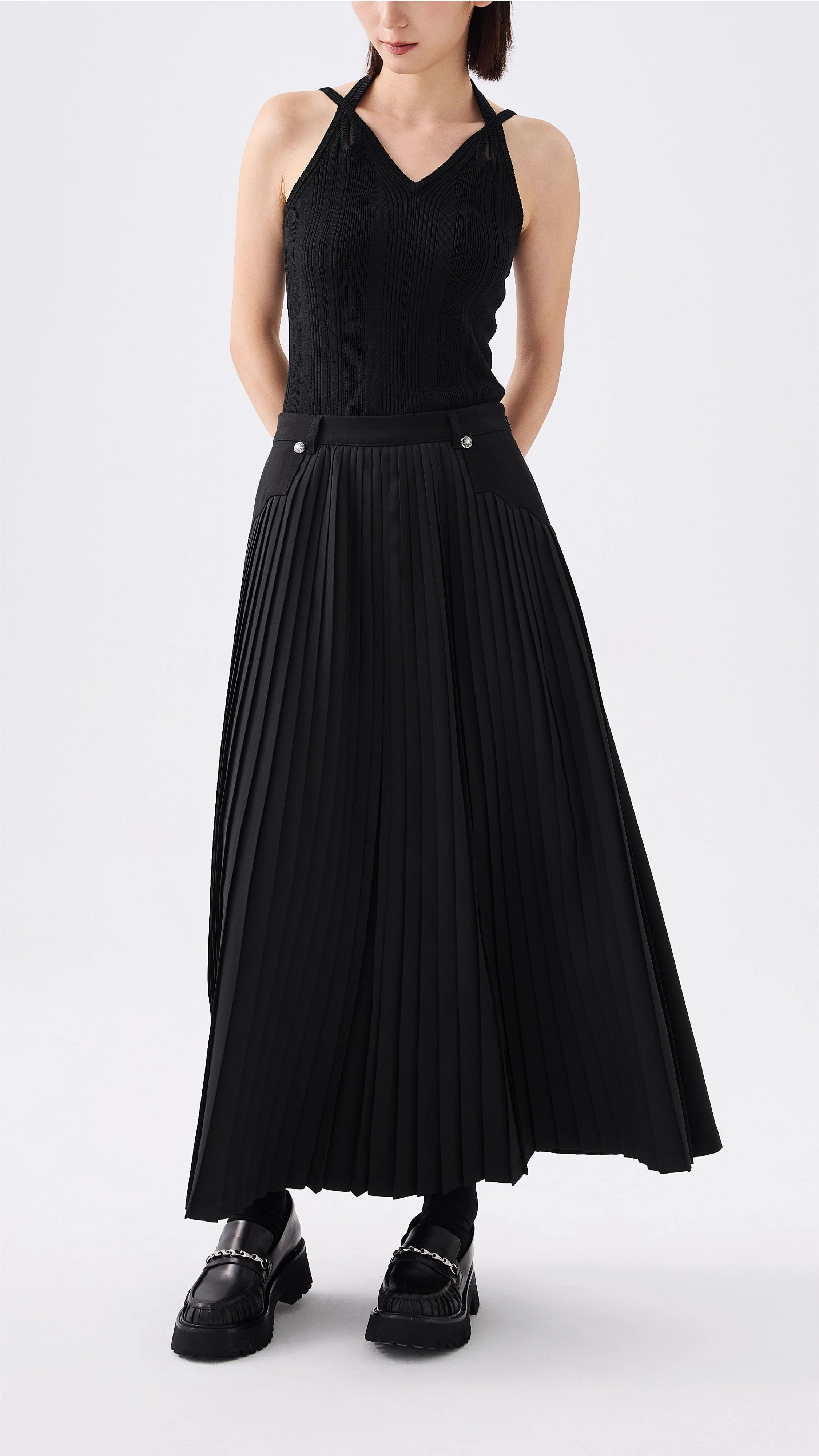 Slip Resistant Waistband Style Preview Front Pleated Flare Skirt
