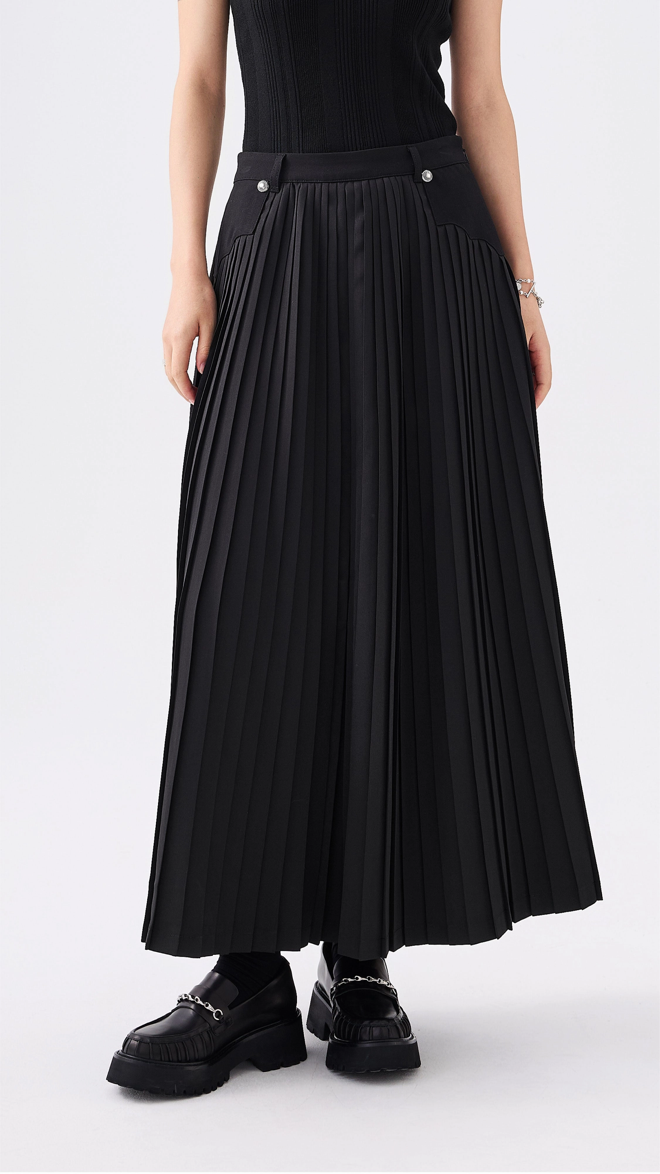 Front Pleated Flare Skirt Slim Fit Band
