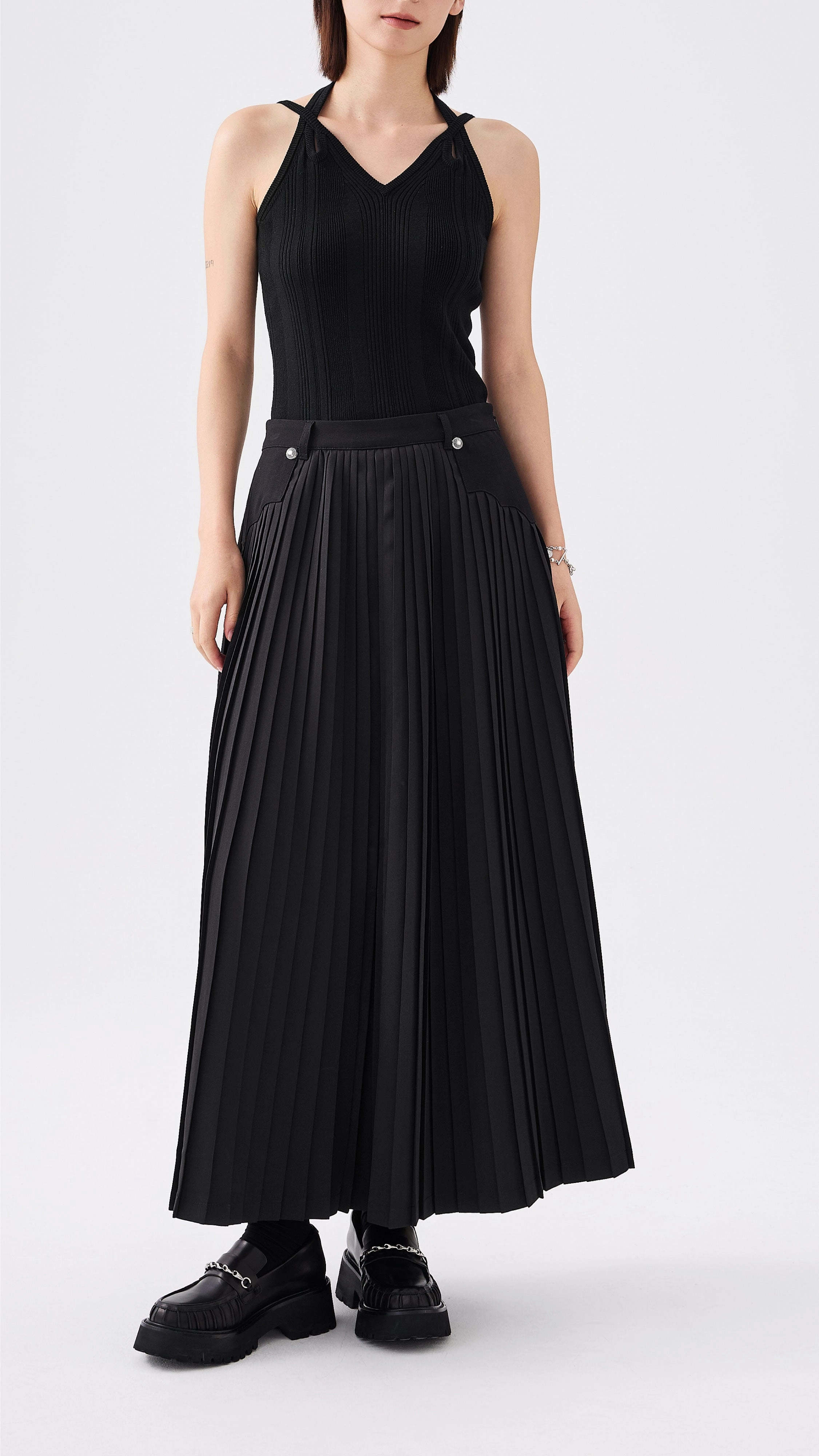 Front Pleated Flare Skirt Senior Style Outfit Game