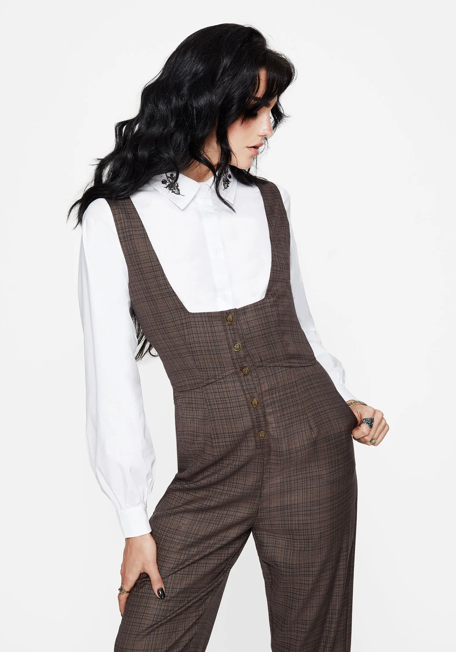 Chilly Comfort Trendy Look Lamya Check Tailored Straight Leg Suspender Trouser