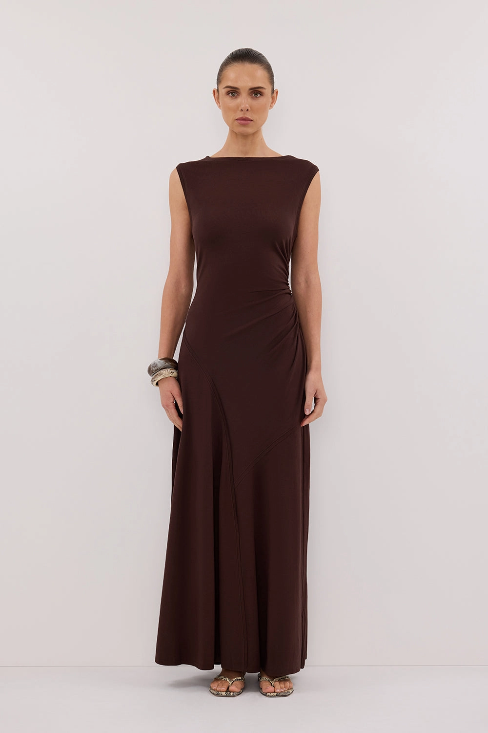 HADLEY CHOC SLEEVELESS KNIT MAXI DRESS Artisanal-Detail Belted-Style