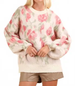 Chic Style Fuzzy Floral Knit Sweater In Ivory