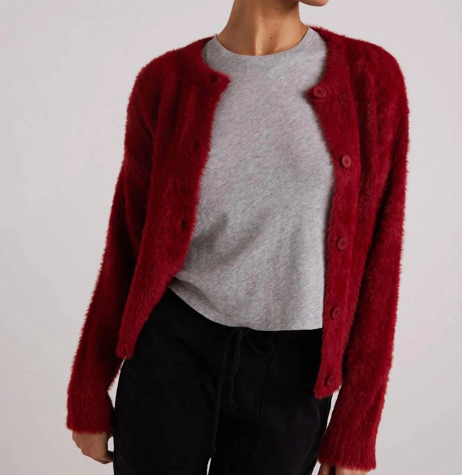 Fuzzy Crew Neck Cardigan In Ruby Red Snug Knit Chilly Weather