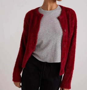 Hygroscopic Fiber Blend Effortless Knit Fuzzy Crew Neck Cardigan In Ruby Red
