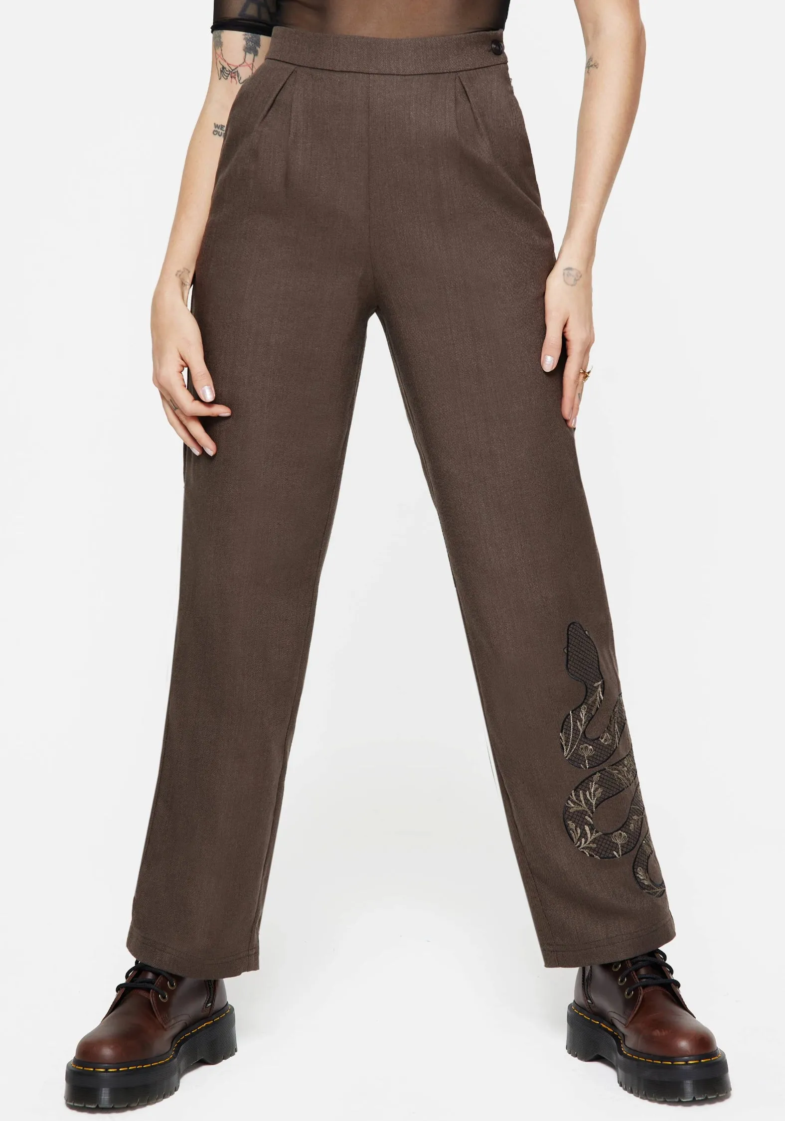 Gaia Linen Blend Snake Embroidered Wide Leg Trouser Timeless Look