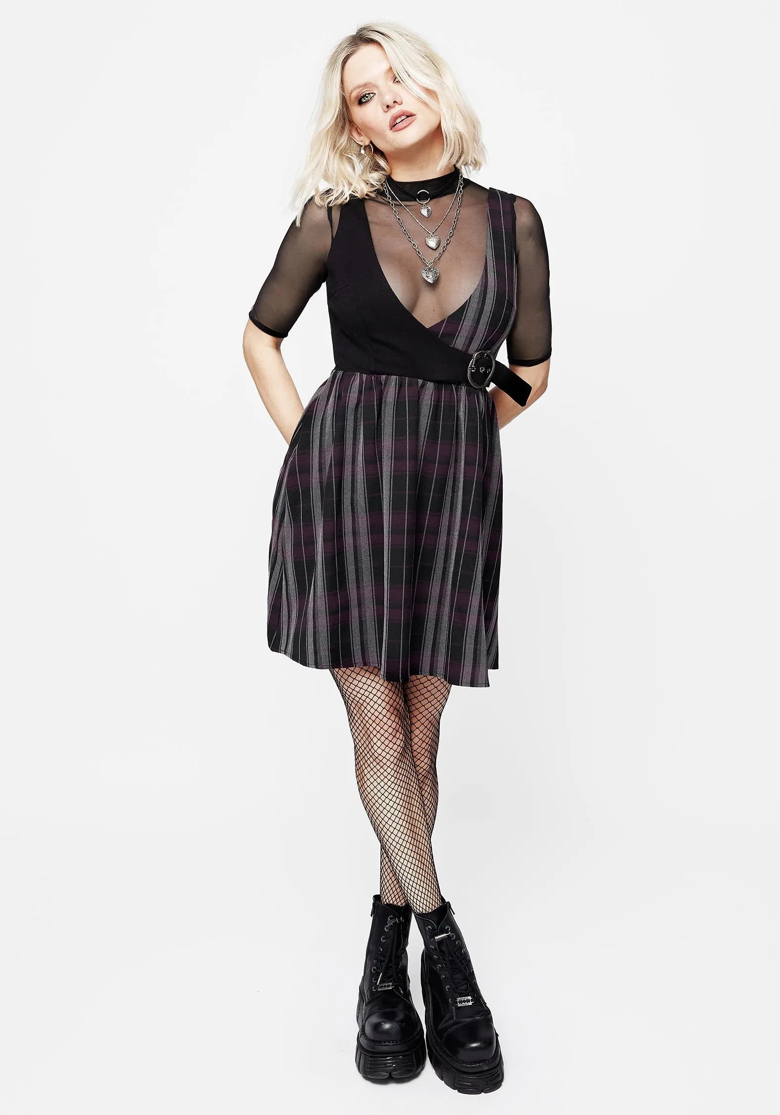 Gambit Check Wrap Suspender Mini Dress Skin-friendly