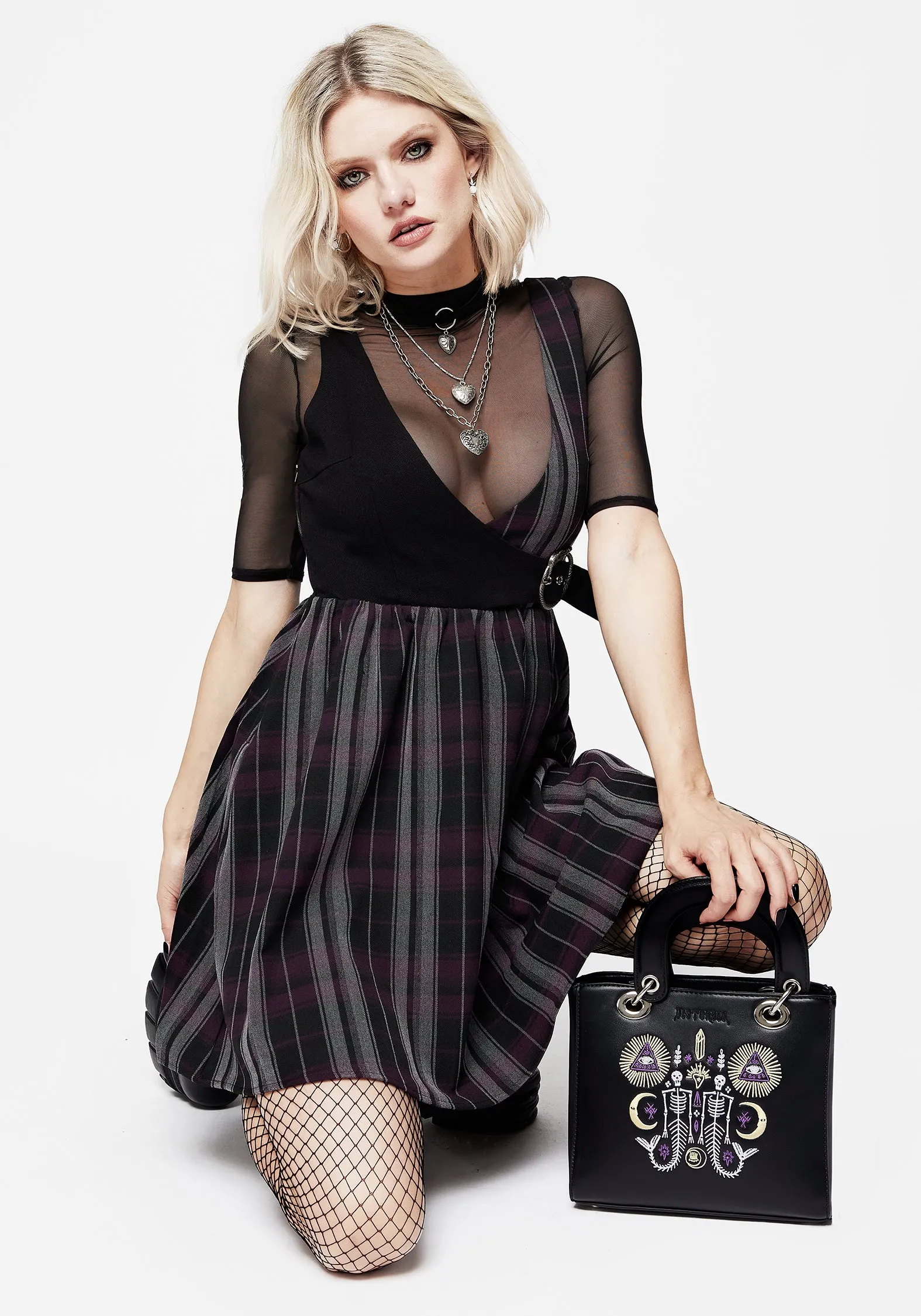 Soft Touch Gambit Check Wrap Suspender Mini Dress