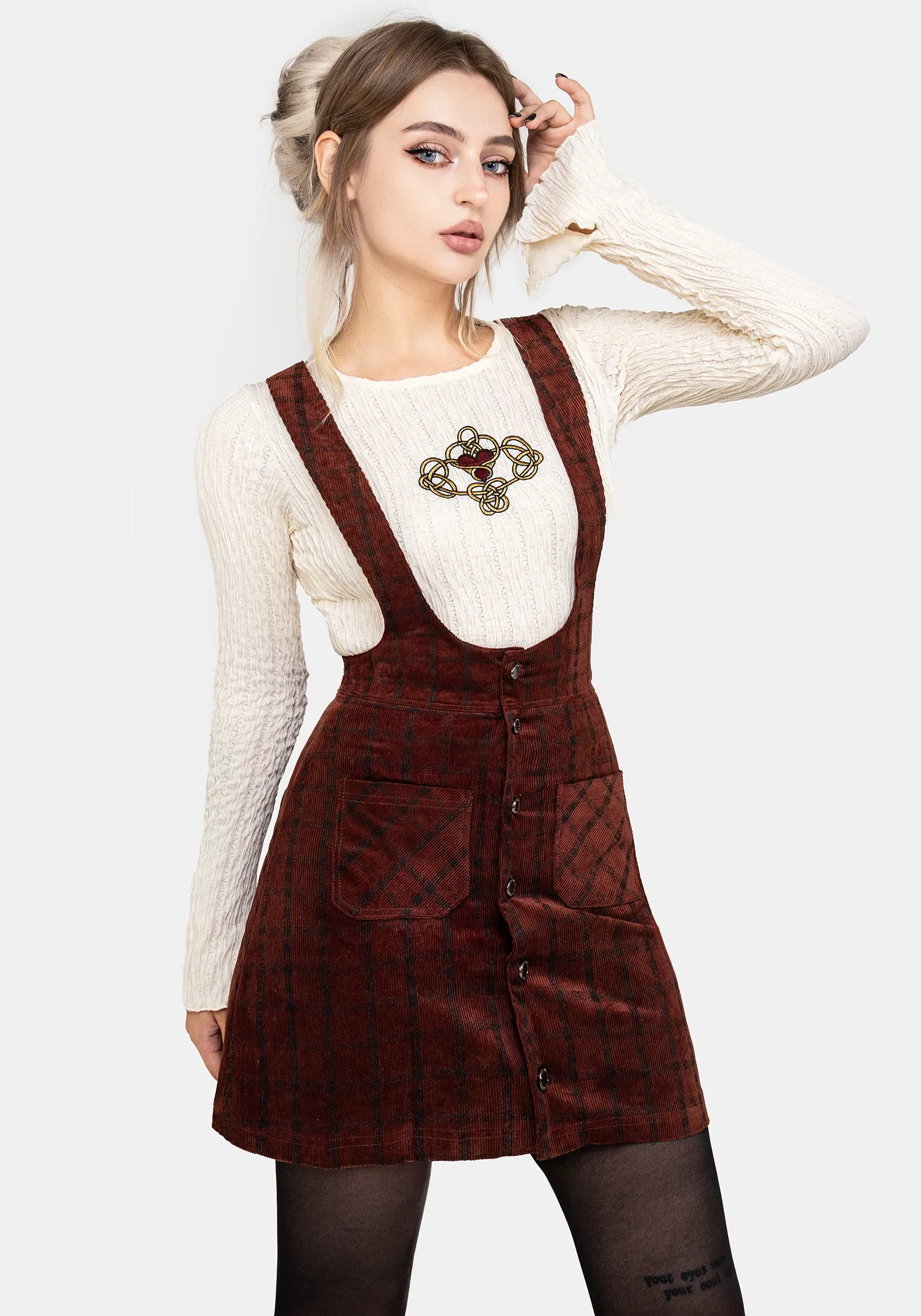 Two Tone Trim Mid Rise Terracotta Check Cord Mini Pinafore Skirt