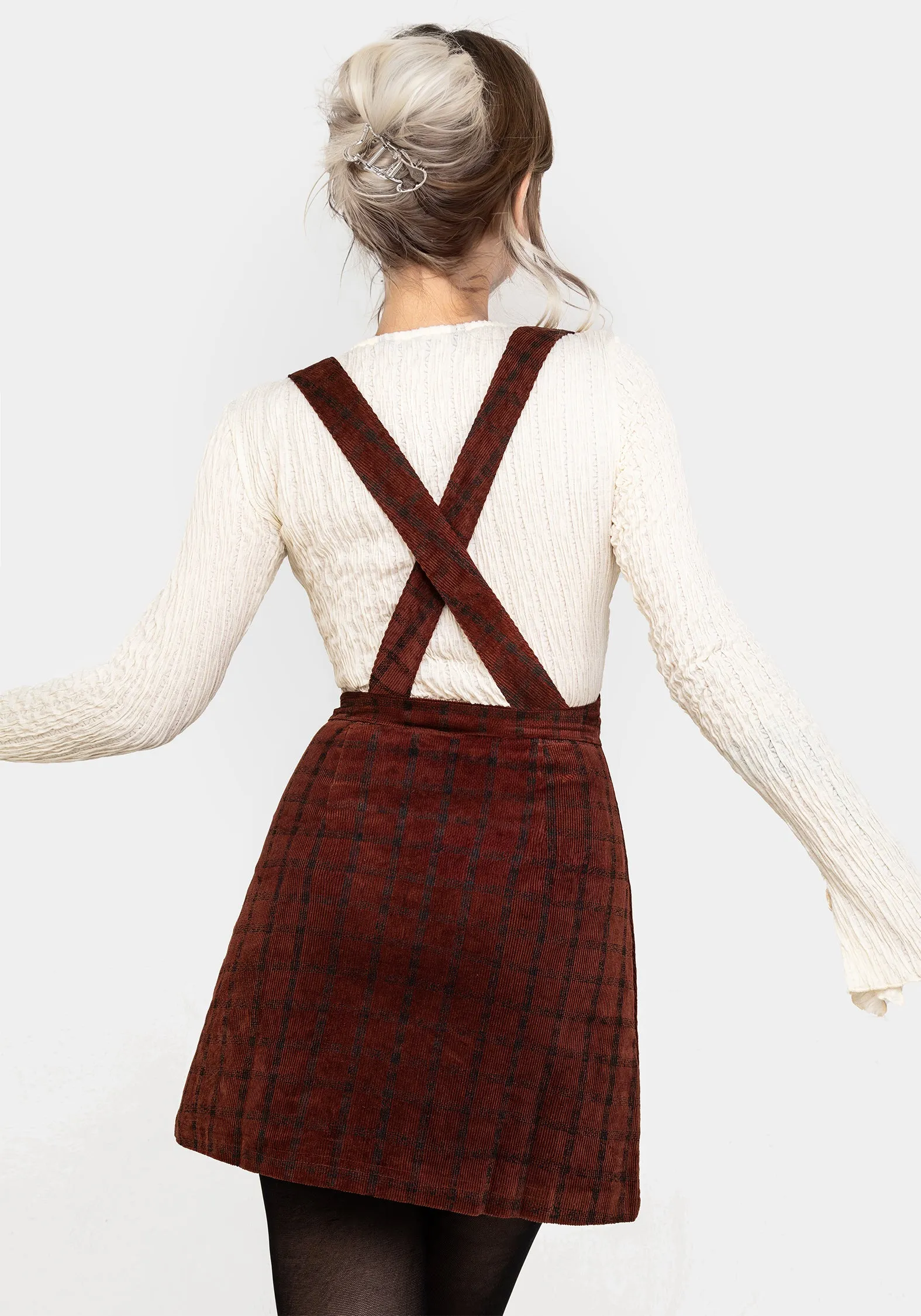 Lightweight Lining Texture Focus Terracotta Check Cord Mini Pinafore Skirt