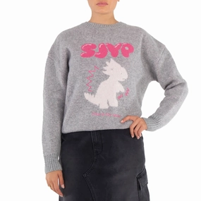 Cozy Knit Timeless Layering Sjyp Ladies Grey Jacquard Dino Knit Pullover