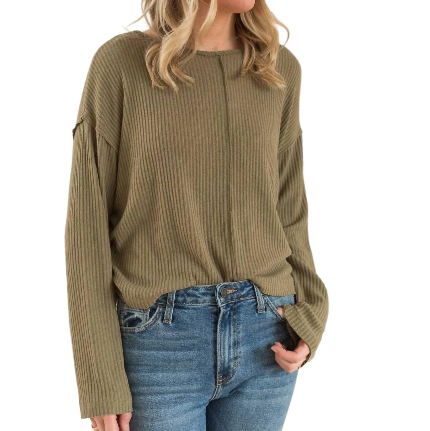Get It Right Textured Long Sleeve Sweater In Olive Basic Layering Simple Chic