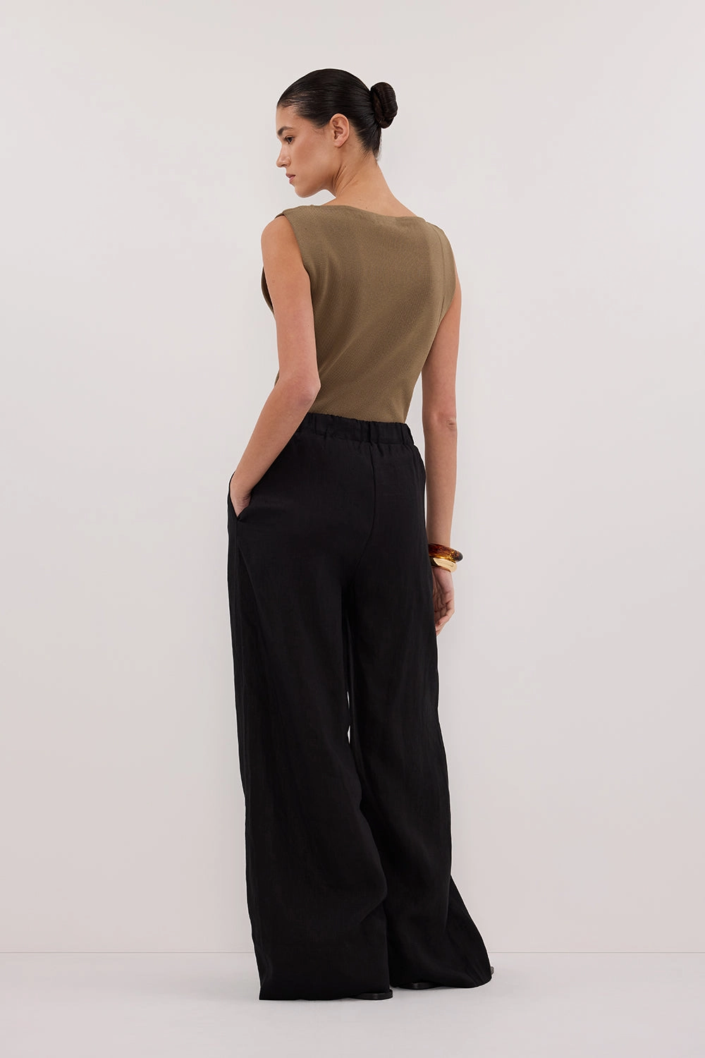 GINA BLACK LINEN ELASTIC WAIST PANT Flexible Comfort Easy Motion