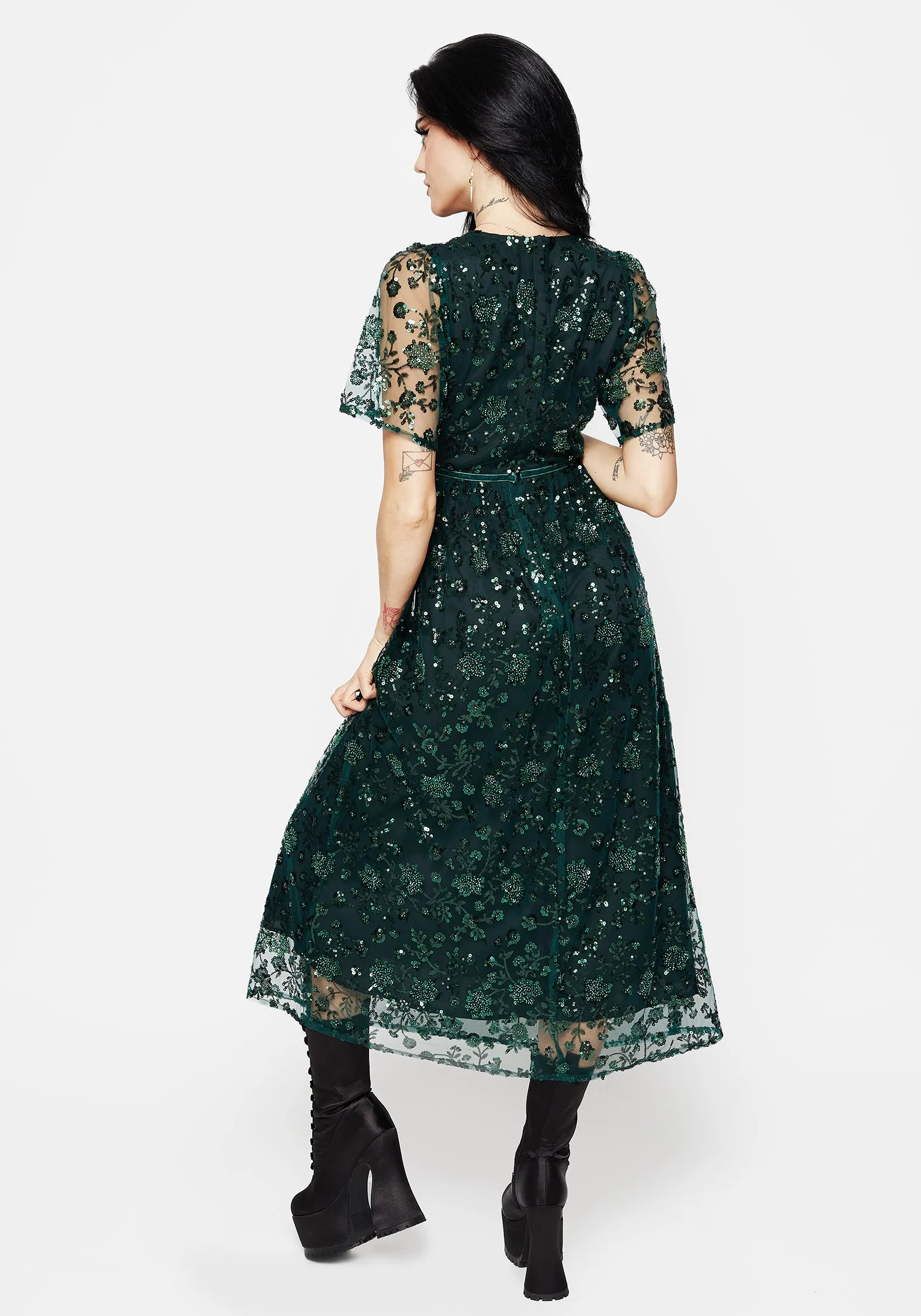 Dressy Glow Glimmer Embroidered Sequin Lace Angel Sleeve Midaxi Dress
