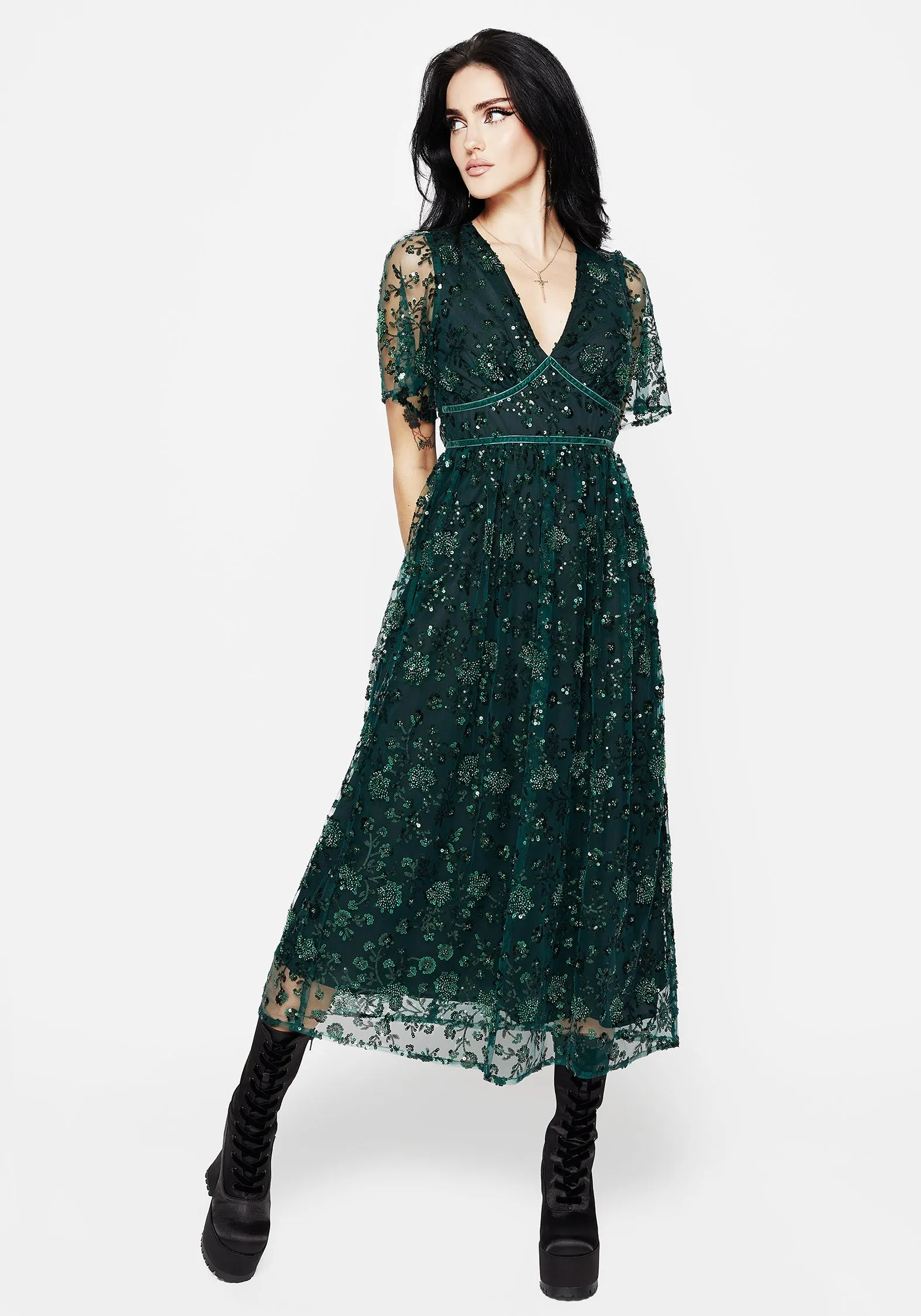 Glimmer Embroidered Sequin Lace Angel Sleeve Midaxi Dress Sophisticated Line
