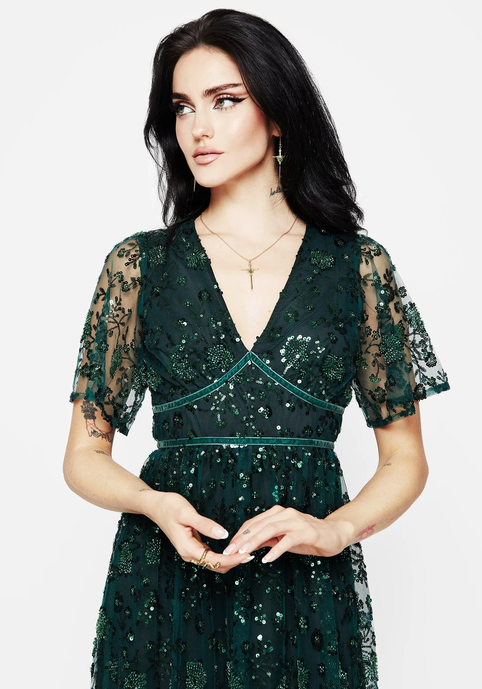 Glimmer Embroidered Sequin Lace Angel Sleeve Midaxi Dress Flexible Layers