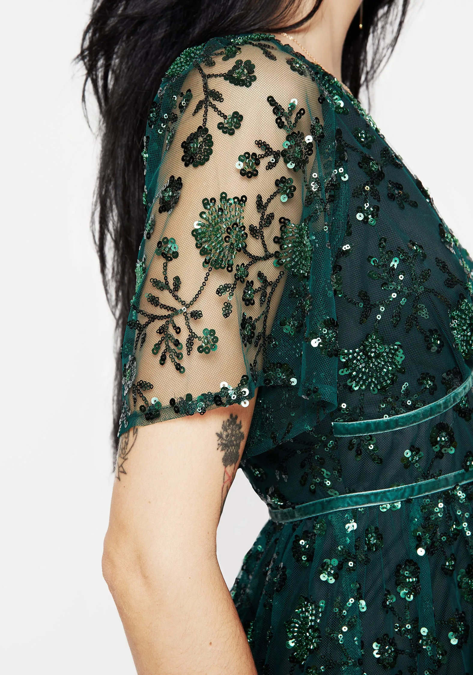 Minimal Aesthetic Glimmer Embroidered Sequin Lace Angel Sleeve Midaxi Dress