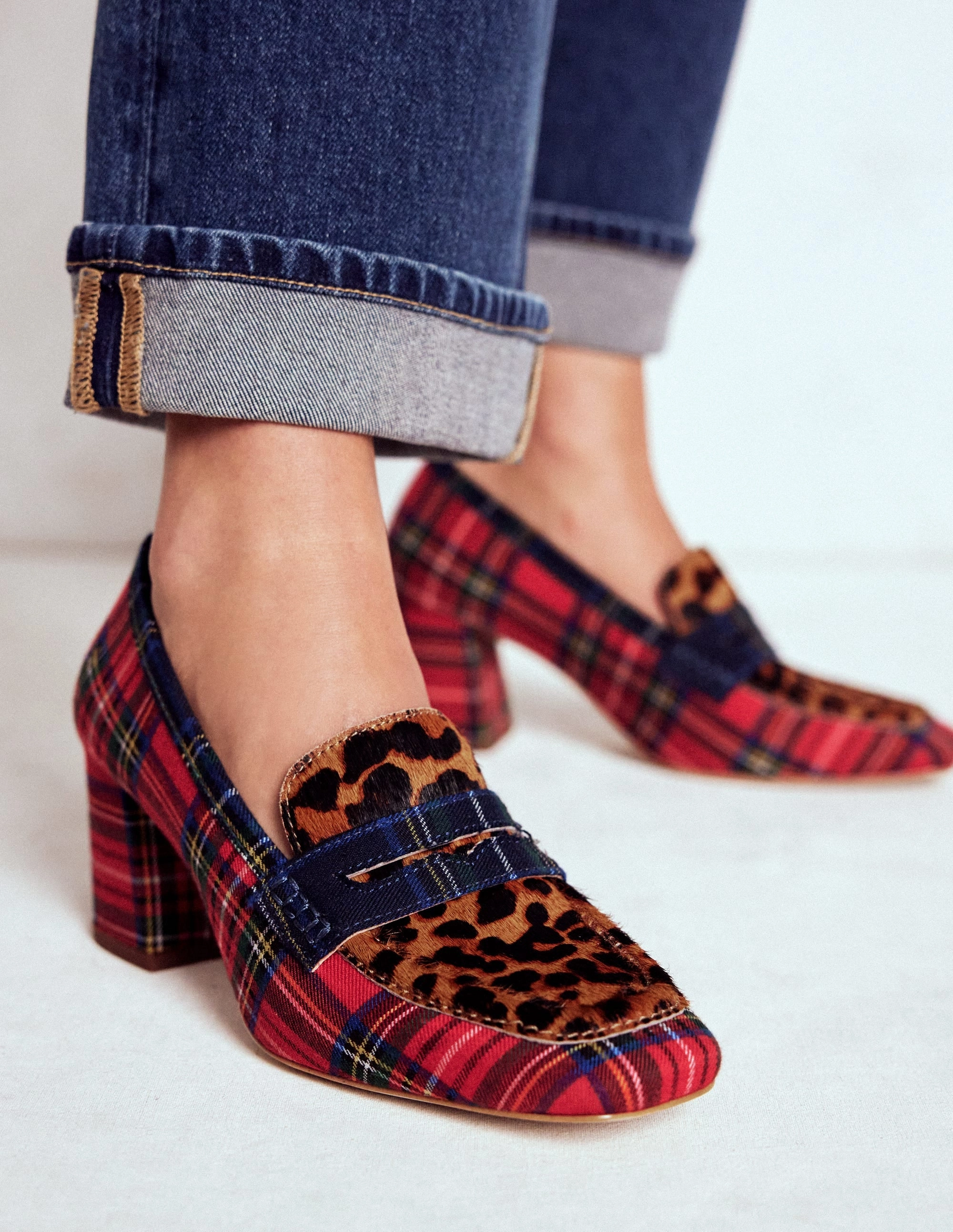 Vintage Look Sol Block Heeled Penny Loafers-Tartan Check