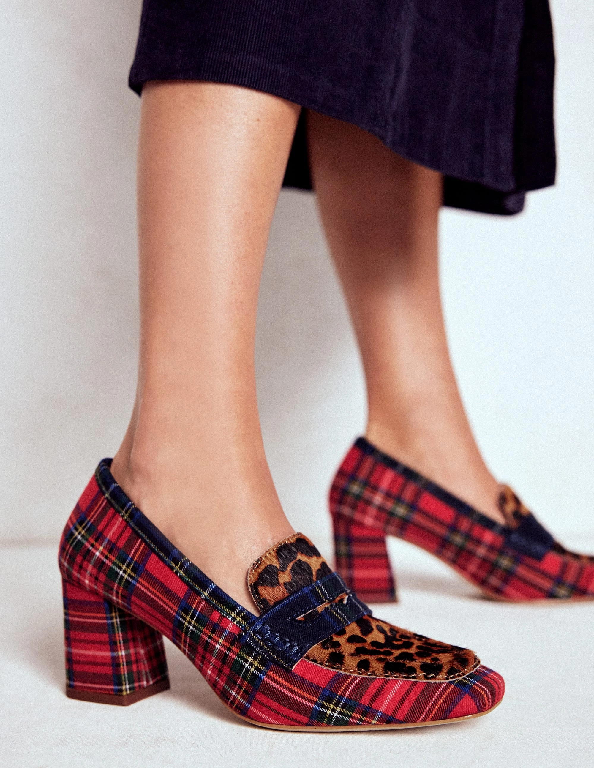 Traction pattern Sol Block Heeled Penny Loafers-Tartan Check