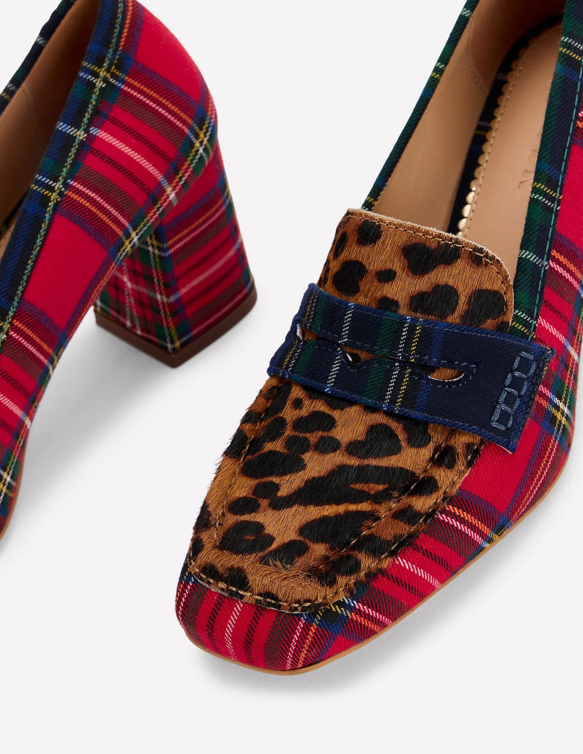 Sol Block Heeled Penny Loafers-Tartan Check Bold Heel Boots Classy High Heels