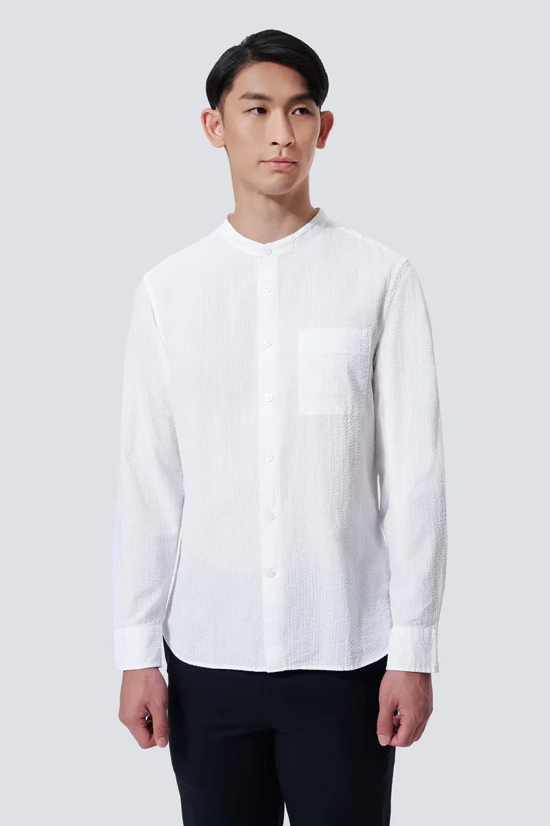 Comfortable fit Seersucker Mandarin Collar Casual Shirt | White WH001Z