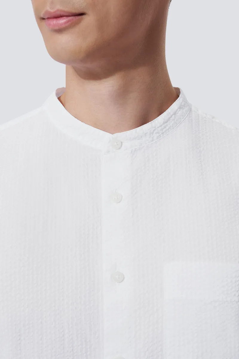 Seasonal Collection Seersucker Mandarin Collar Casual Shirt | White WH001Z