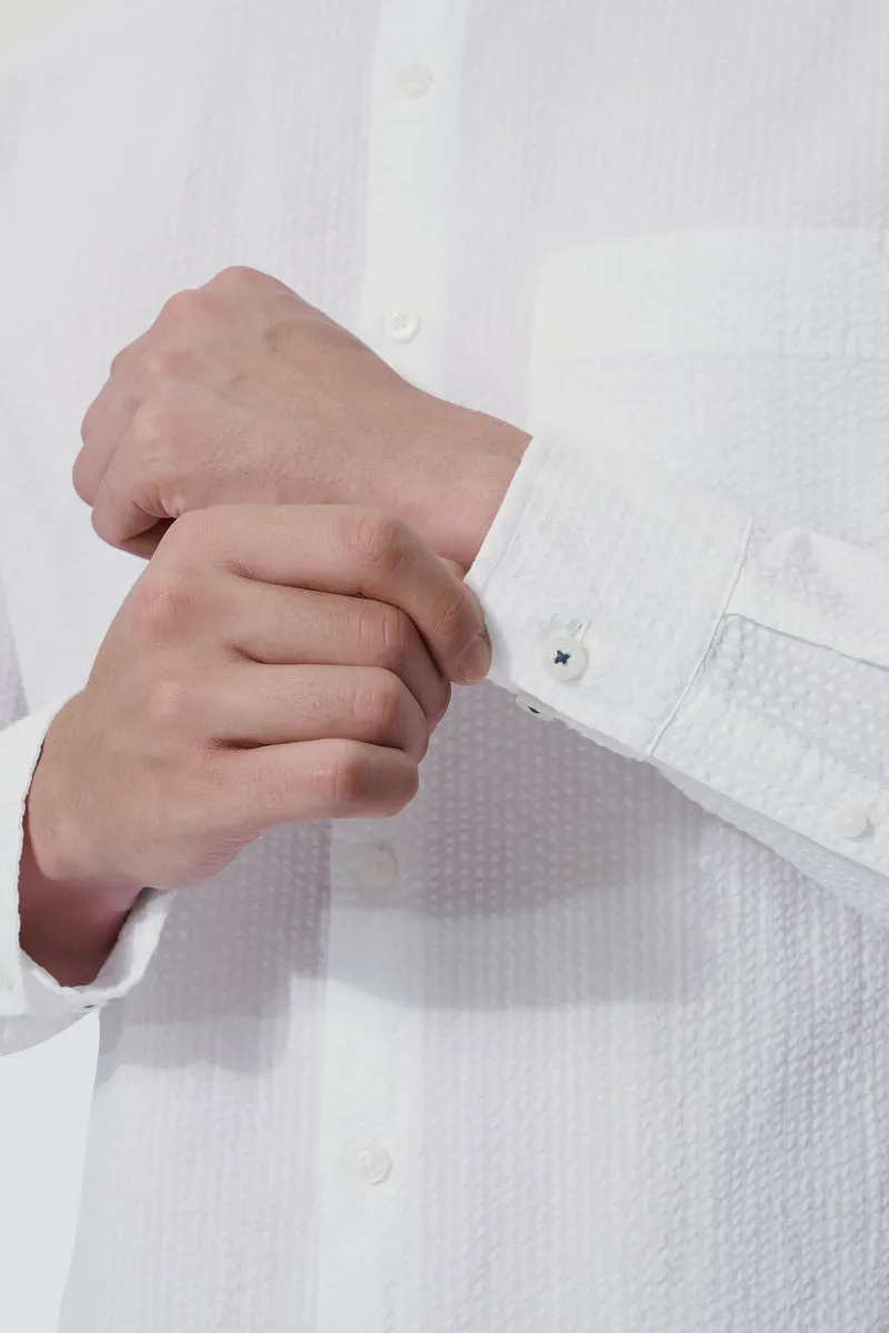 Seersucker Mandarin Collar Casual Shirt | White WH001Z Winter Layering networking event