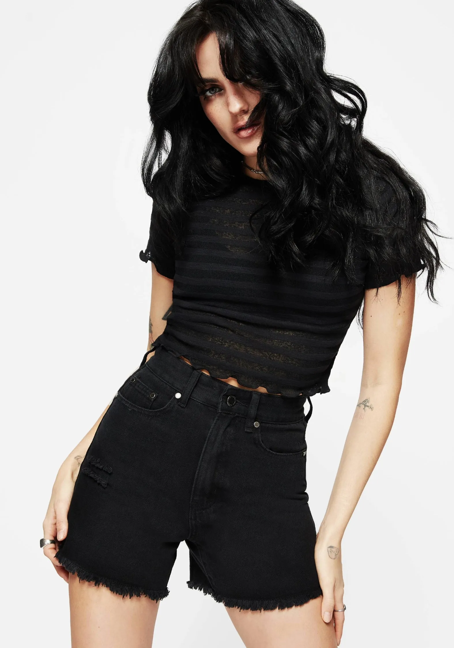 Sweat Wicking Lining Planchette Embroidered Distressed Denim Shorts