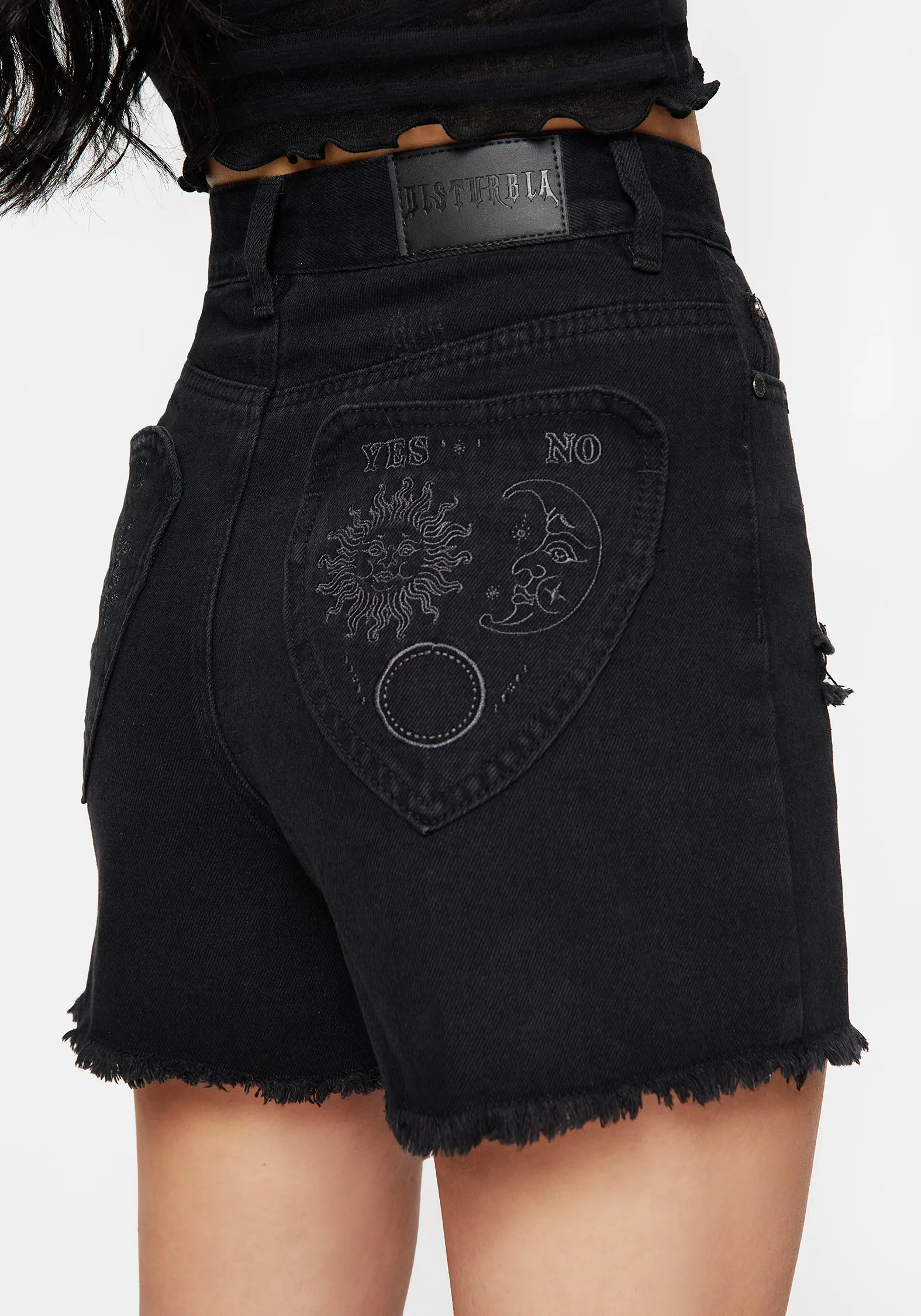 Light Layer Planchette Embroidered Distressed Denim Shorts
