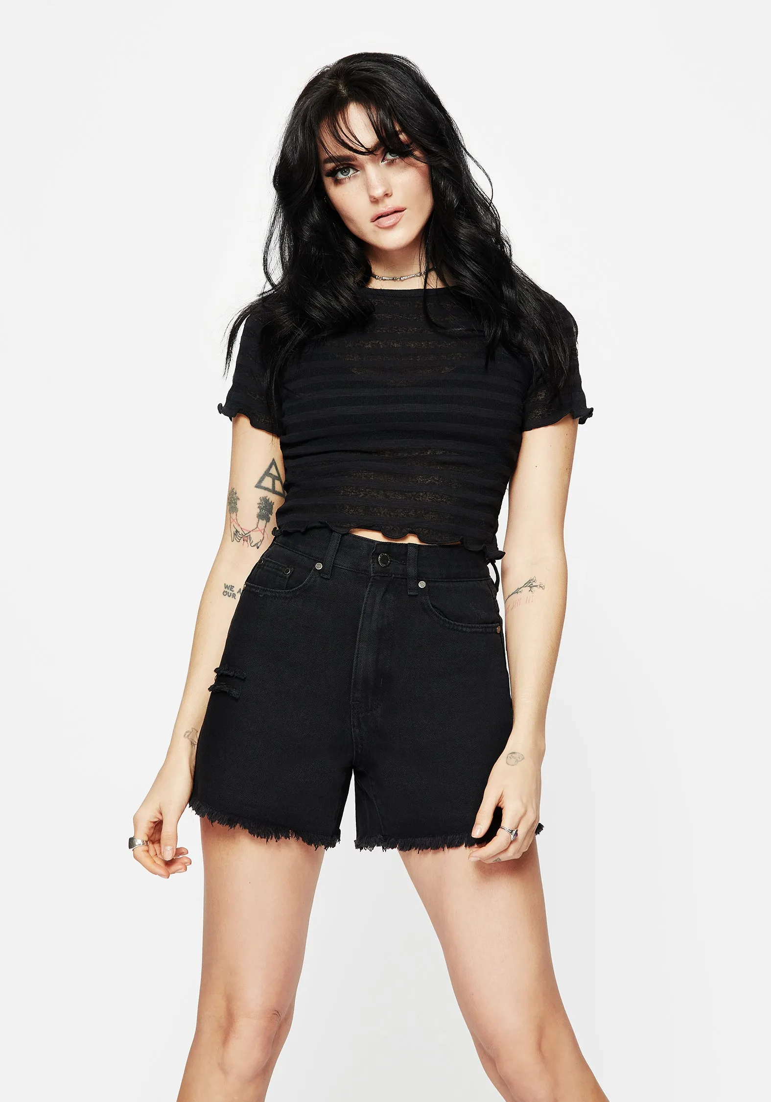 Active Flex Breeze Flow Planchette Embroidered Distressed Denim Shorts