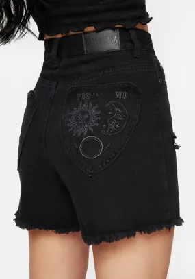 Light Layer Planchette Embroidered Distressed Denim Shorts