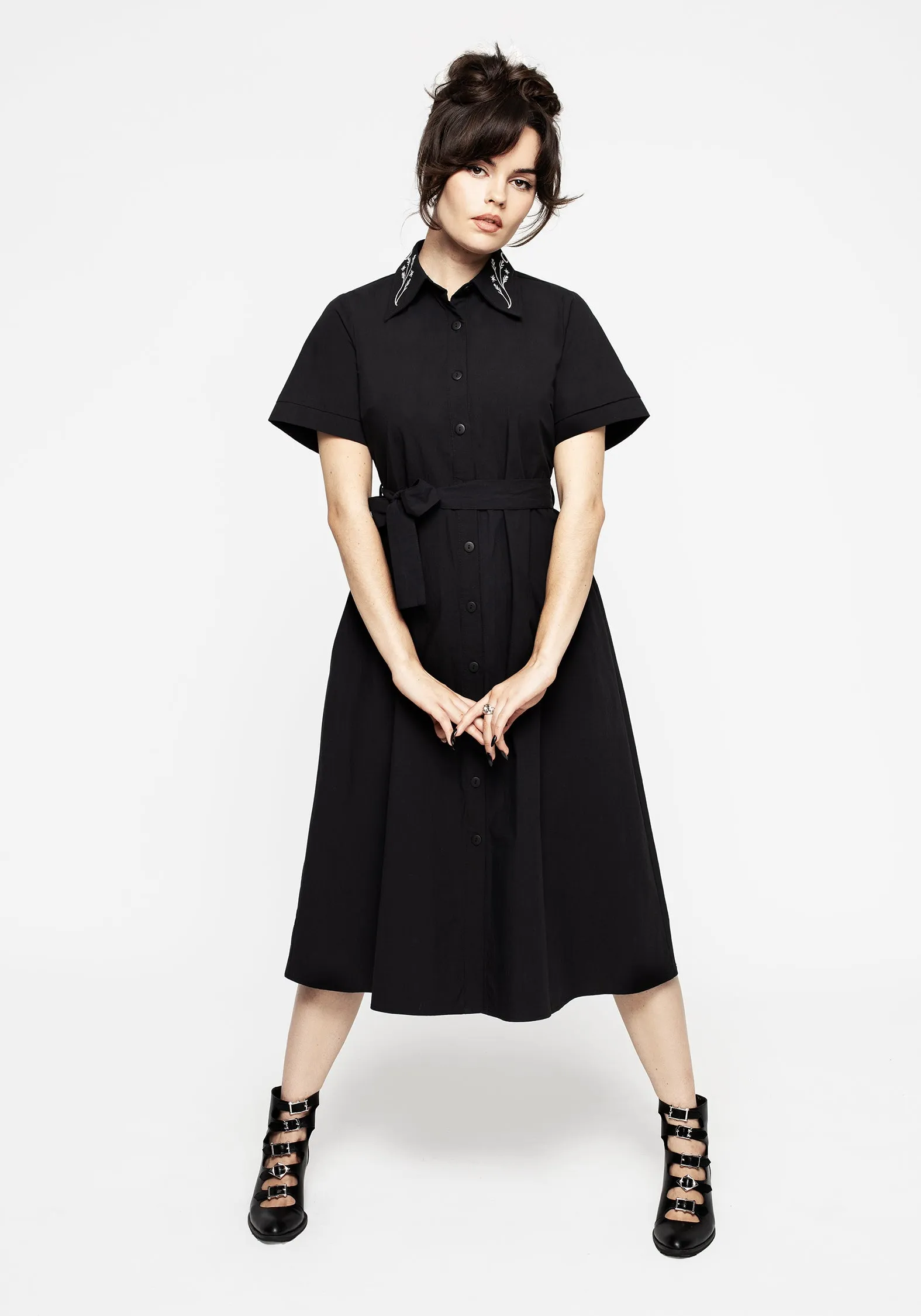 Goodfellow Embroidered Collar Midi Shirt Dress travel mode