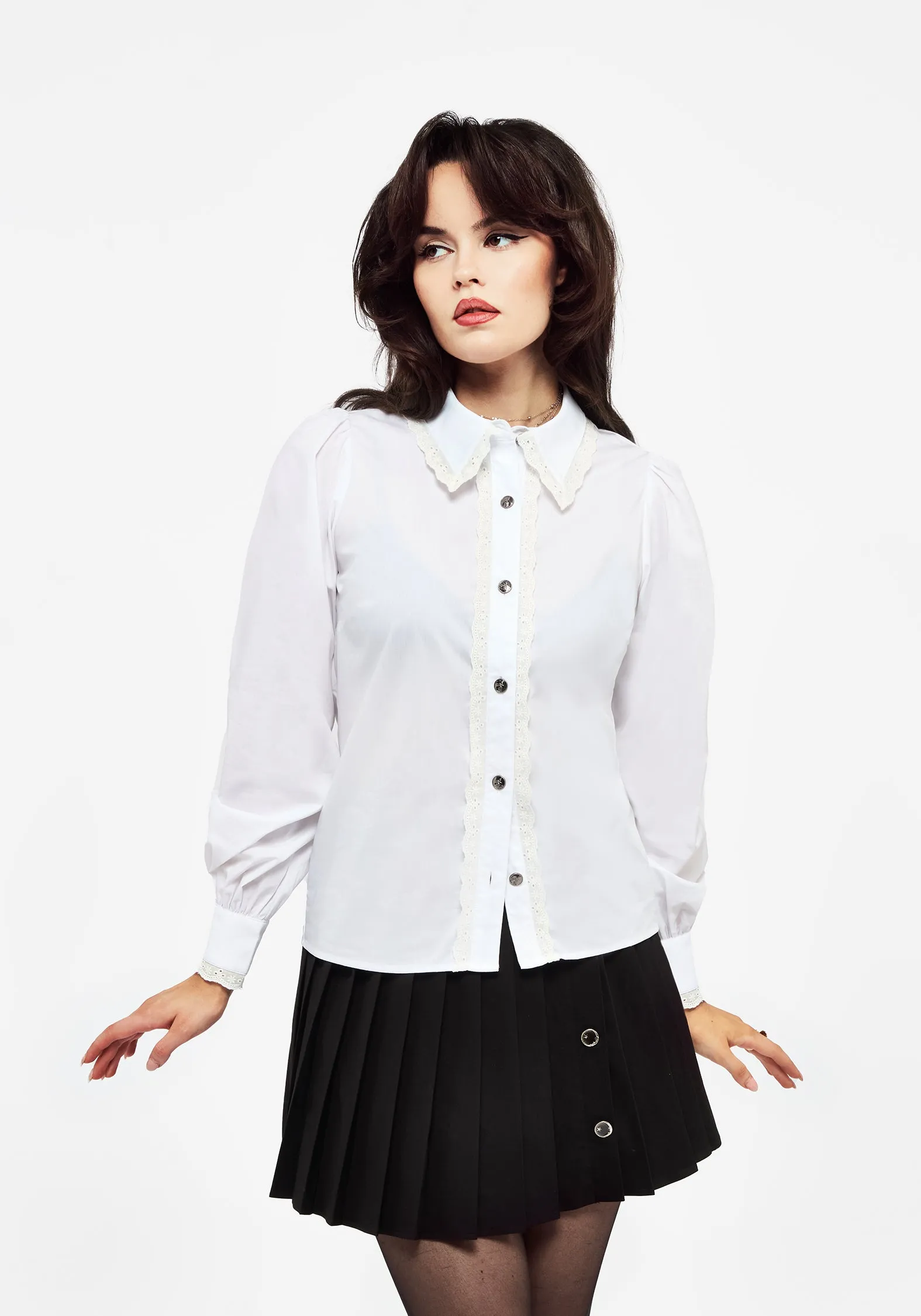 Seasonal Collection Solid Hue Grace Lace Trim Button Up Shirt