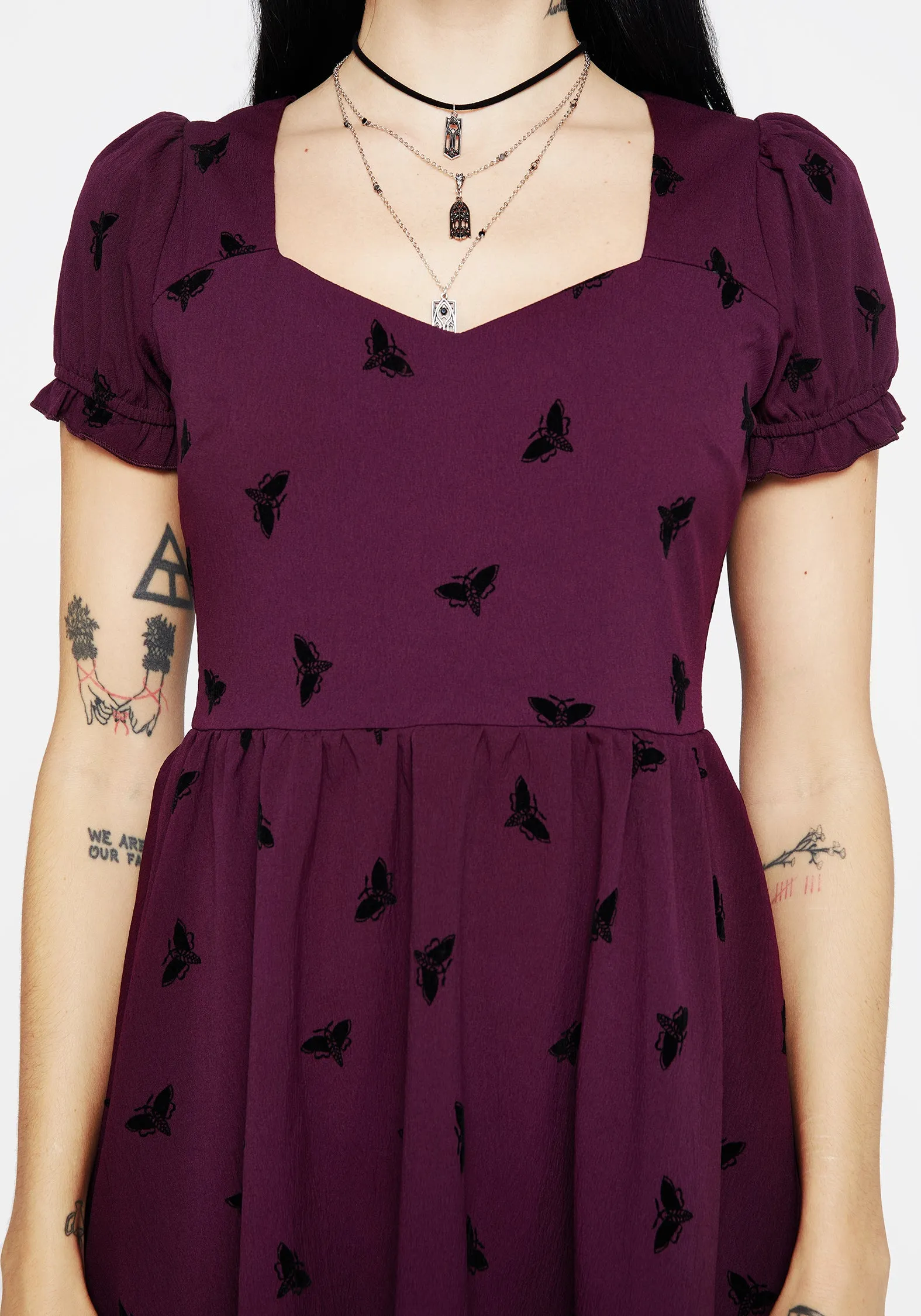 Figure-Skimming Styx Moth Flocked Velour Print Mini Dress
