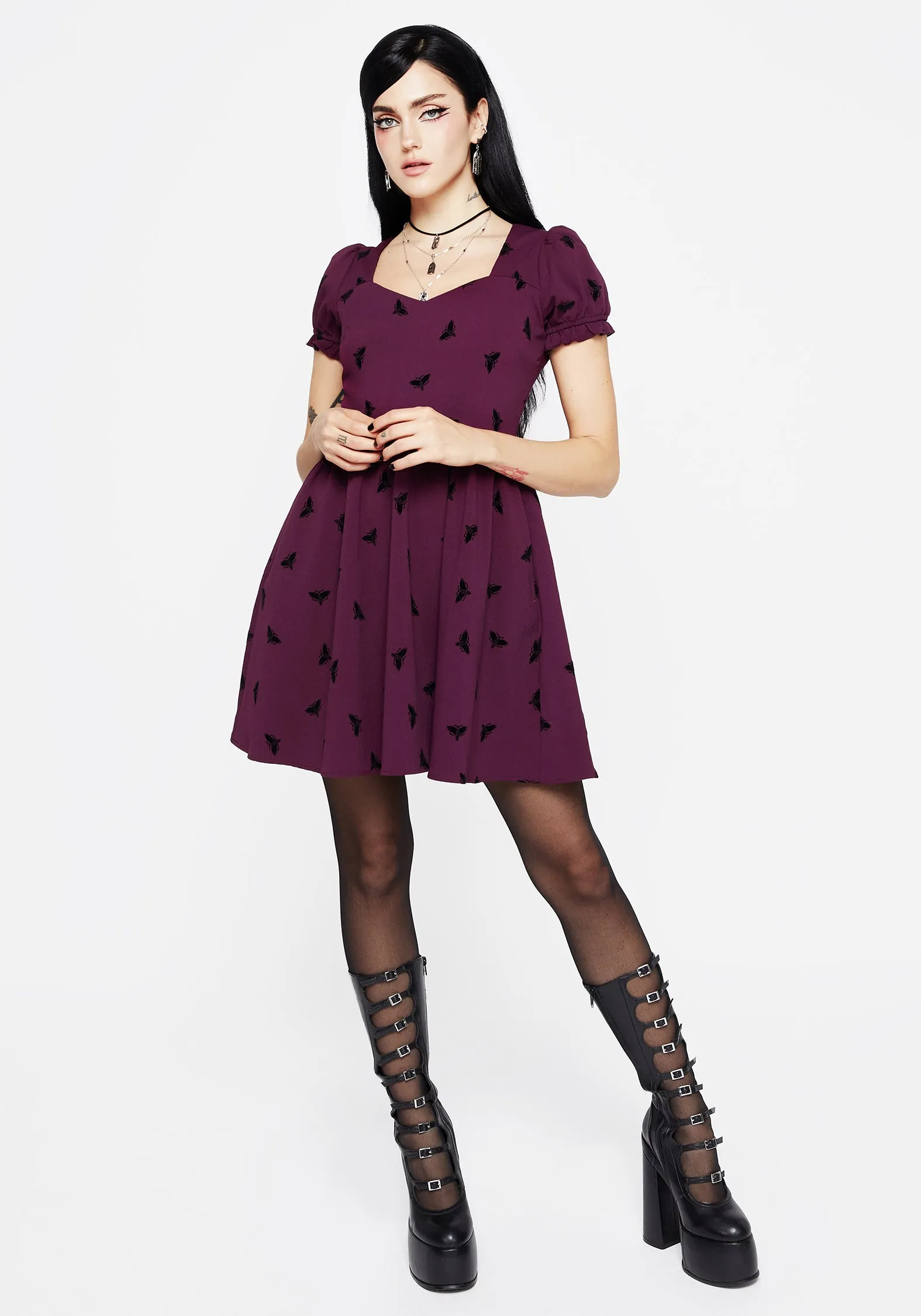 Styx Moth Flocked Velour Print Mini Dress Perfect Shape Smooth Curve