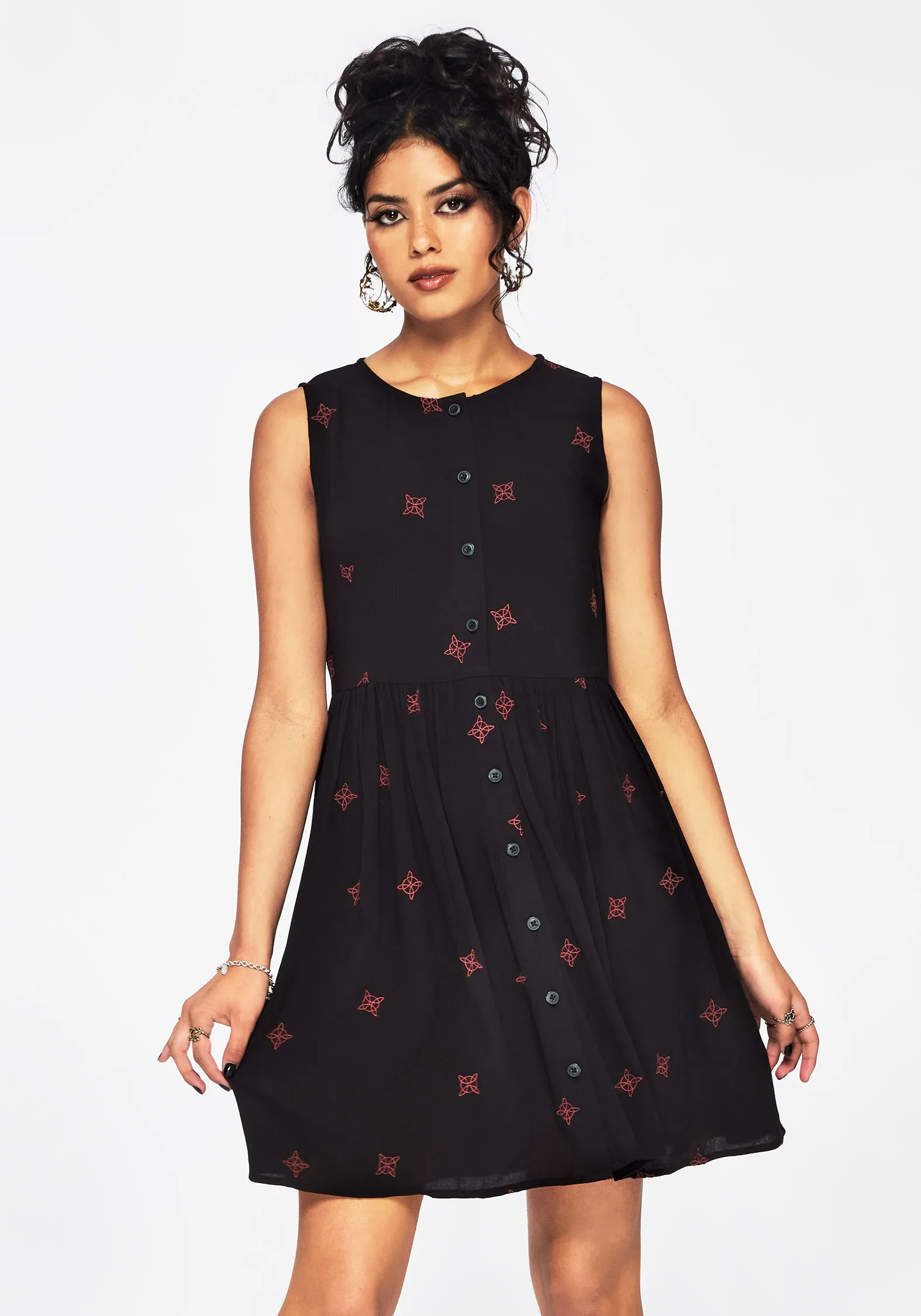 Evening Ready Square-Neck Sublime Witches Knot Embroidered Mini Dress