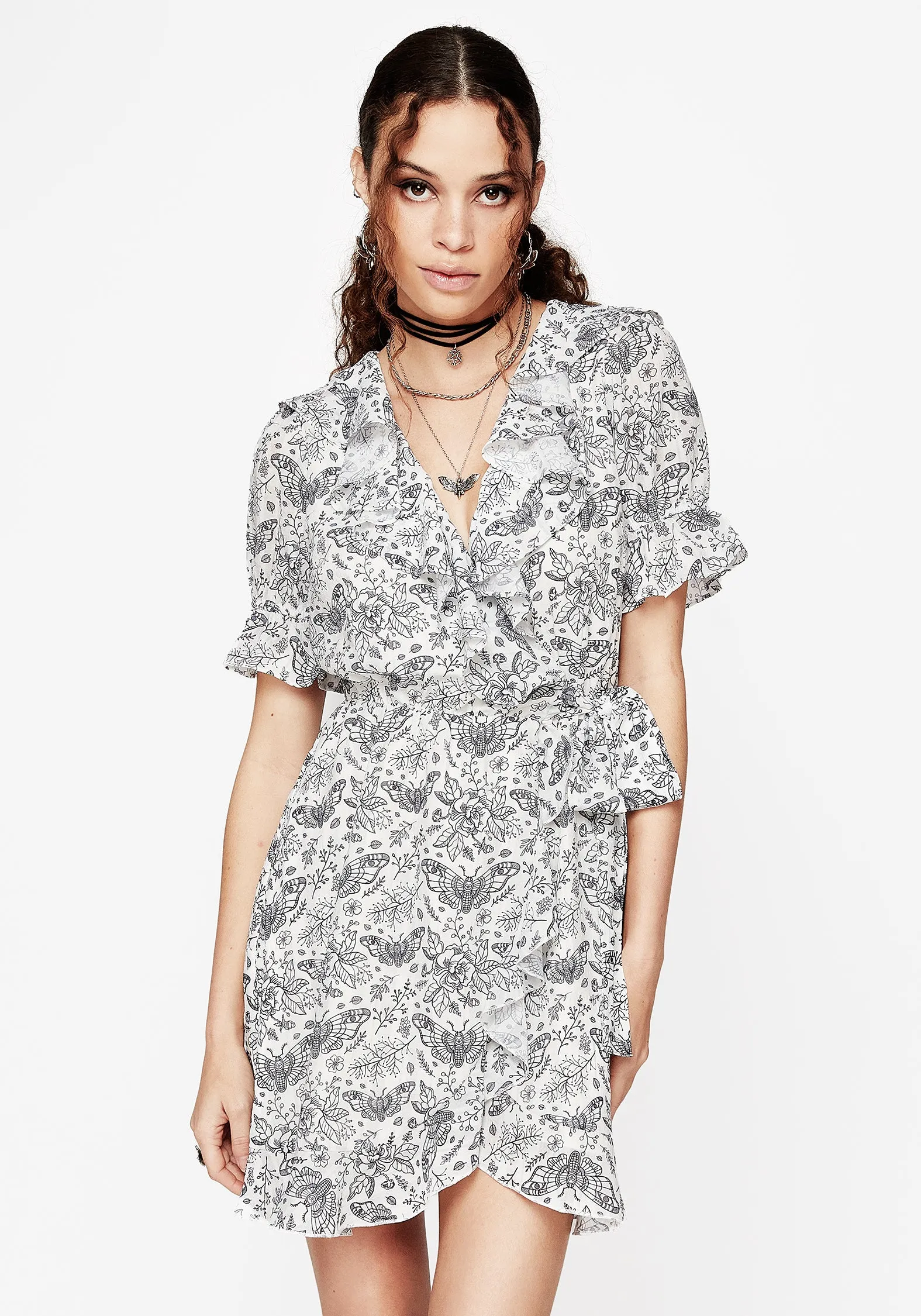 Rosamoth Chiffon Mini Wrap Dress - White Dreamy Motion