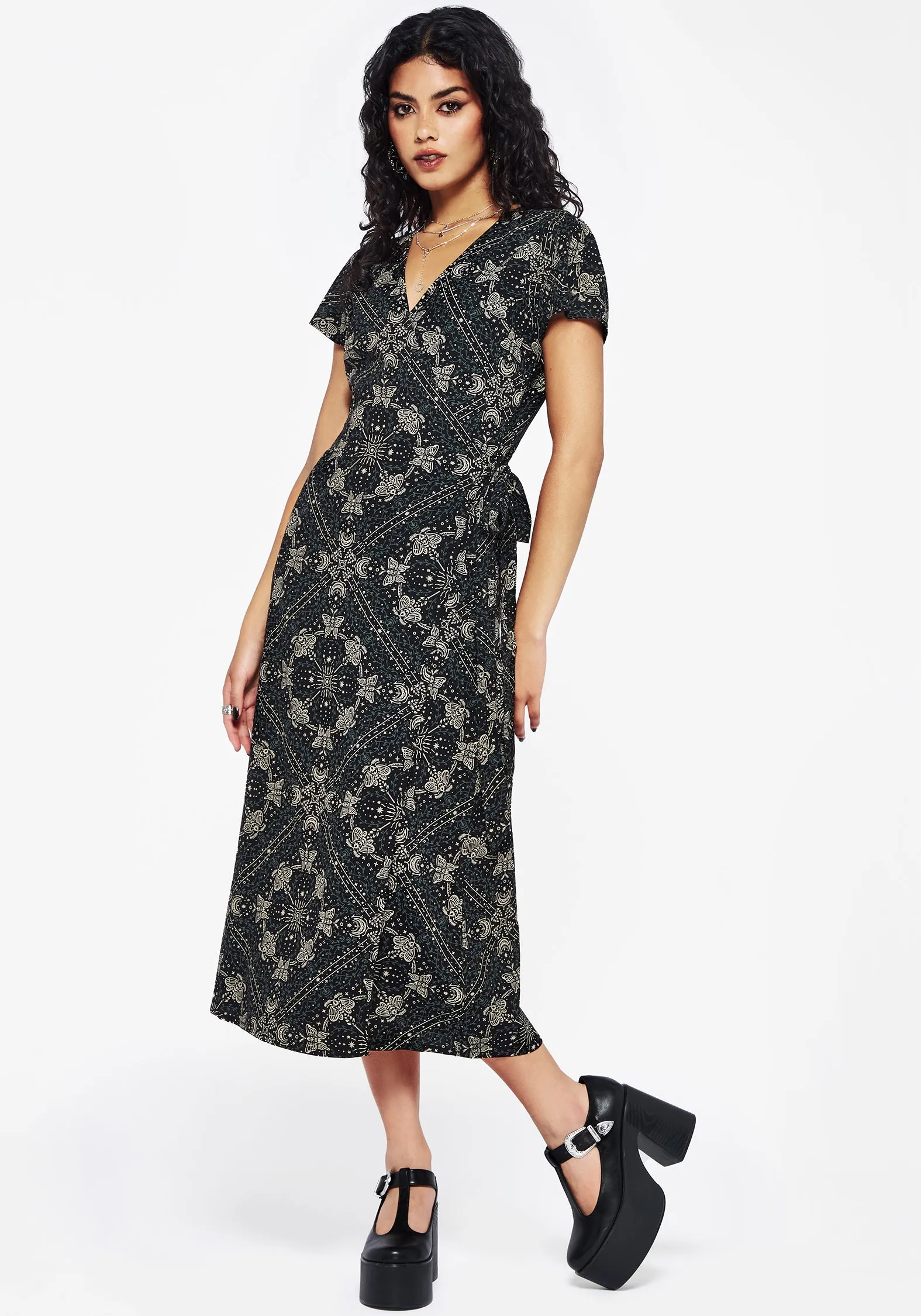 All Fit Style Poem Moth Print Wrap Midi Dress