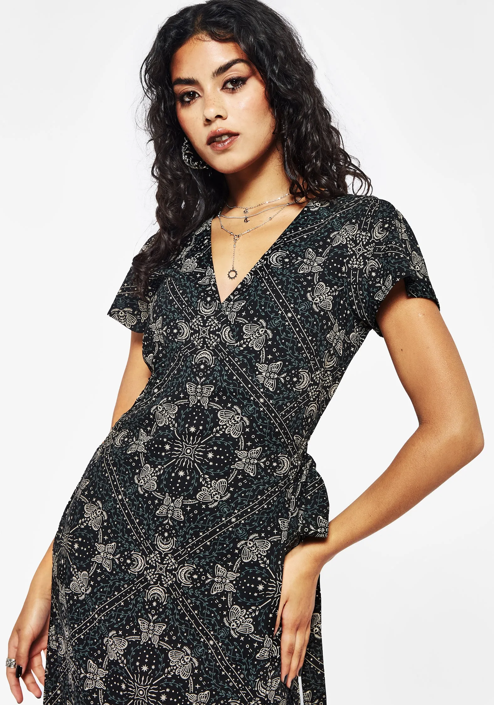 Mini-Length Subtle Look Poem Moth Print Wrap Midi Dress