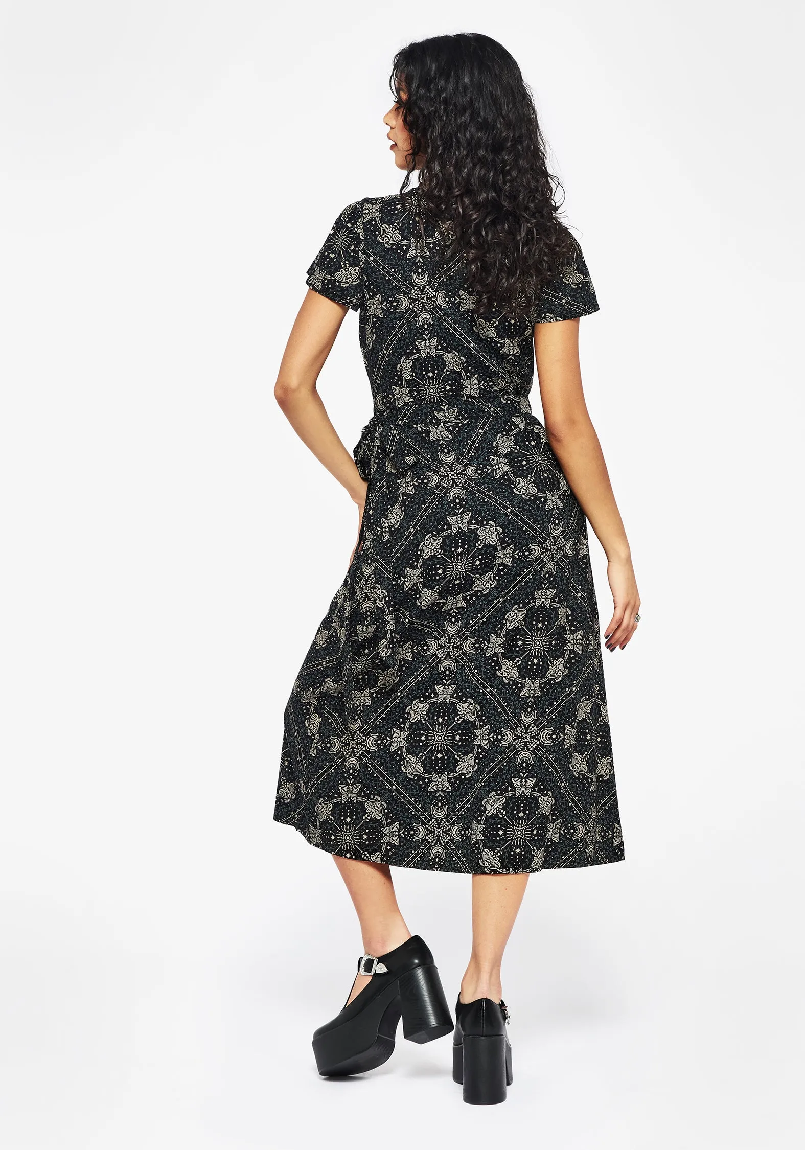 Poem Moth Print Wrap Midi Dress Clean Drape All Fit Style