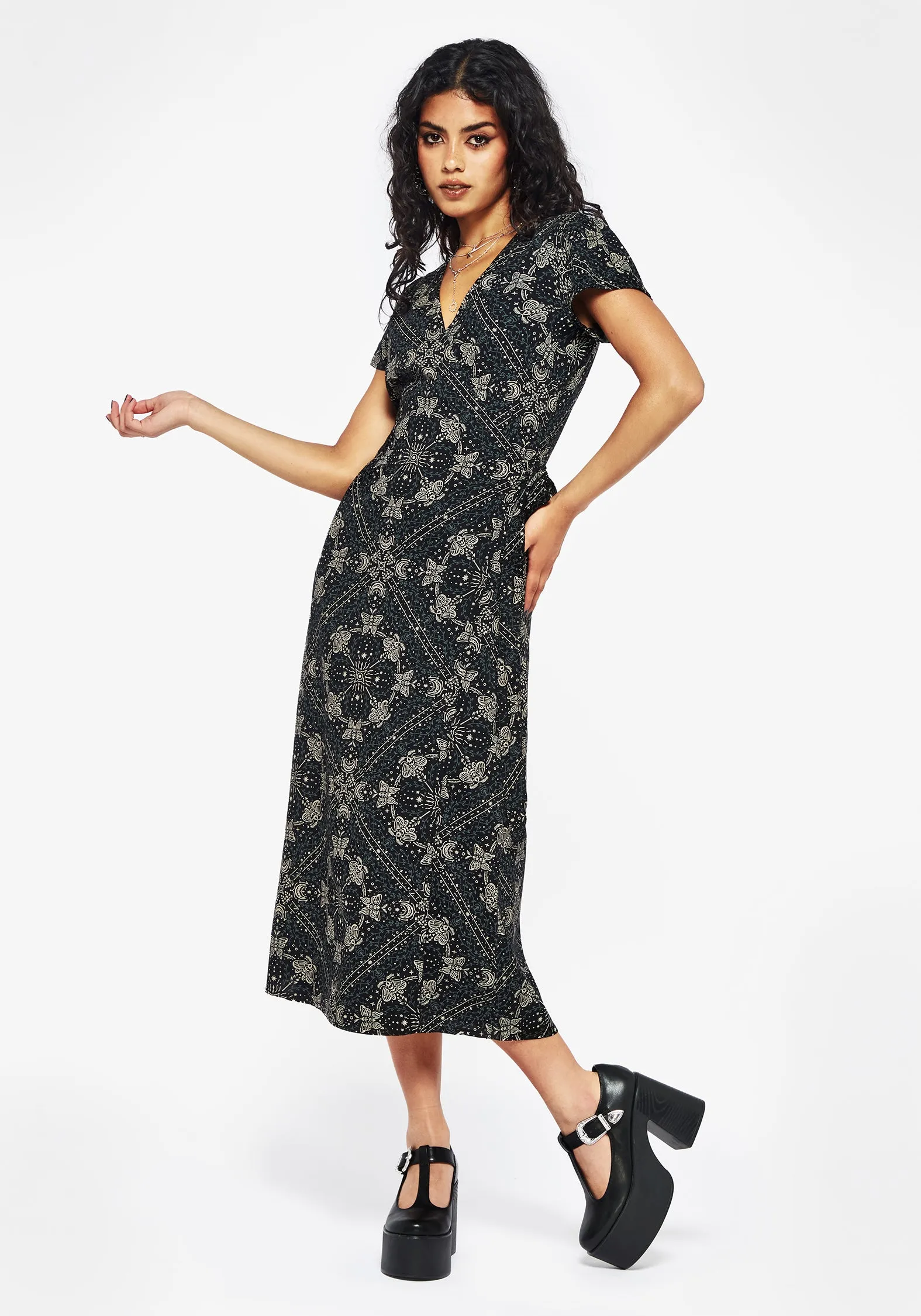 Poem Moth Print Wrap Midi Dress Travel Light