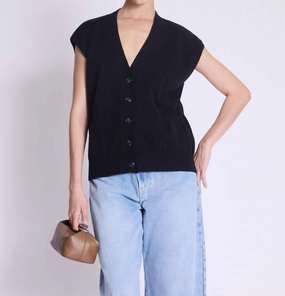 Stylish Knit Look Gustave Sleeveless V-Neck Buttoned Cardigan In Black